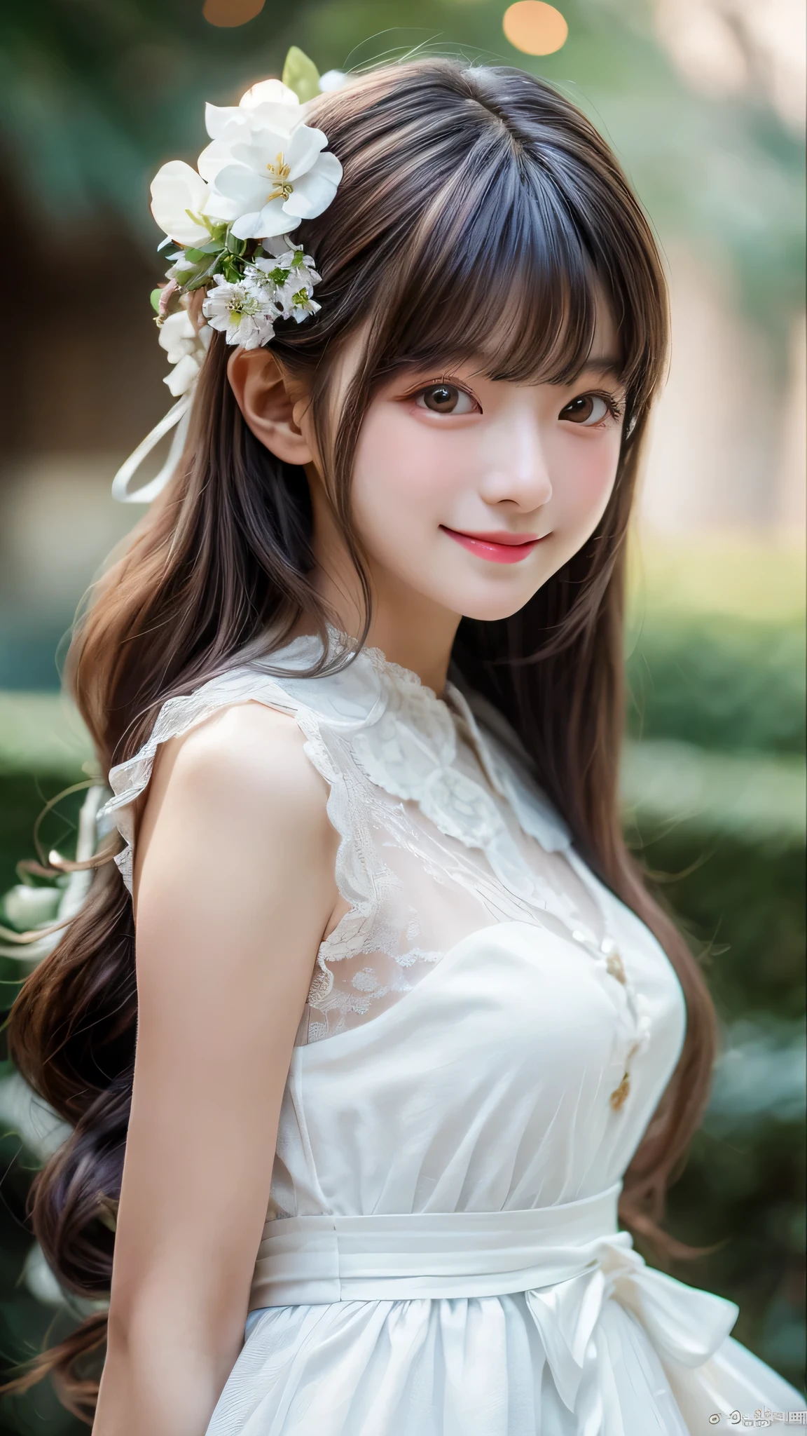 full body shot , dancing ,(Highest quality become familiar with:1.2), realistic, 8k eh, High resolution, fujifilm(medium format), hasselblad, carl zeiss, Incredible dynamic range photography(utility_art：Smooth-768:1.1), (1 girl:1.2), Super become familiar with, high quality texture, intricate details, become familiar with, Very become familiar with CG, high quality shadows, become familiar with beautiful and delicate face, Beautiful details and delicate eyes, Depth of written boundary, ray tracing, , cute japanese girl, narrow side, glossy lips, glow eyes, perfect body, look at the audience, (jewelry/accessories), (Eye color is brown), (red flower hair ornament), (white long hair), (layered hairstyles), (Black Gothic Lolita), Whilowers bloom all over the wall,smile, Be sure to add details in the 服, whole body,full body shot,Covering the face with hands ,marble,blue sky, dancing ,kiss,peekaboo,smile