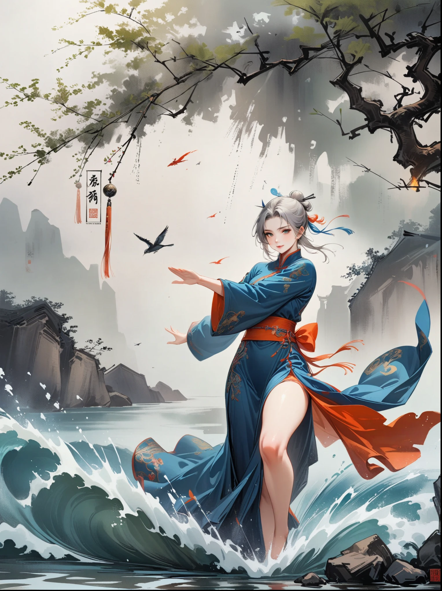 A Chinese girl is practicing Tai Chi, wearing a training suit with a background of Tai Chi diagram, water, fire, qi, and flowing movements. Her whole body is depicted in a Chinese style, with rich details, immortal energy, and Jojo's wonderful adventure style, in clothes, silver hair, hair bun, hair ribbon, blank eyes, light smile, god rays, UHD, masterpiece, ccurate, anatomically correct, textured skin, super detail, high details, best quality, 8k, award winning