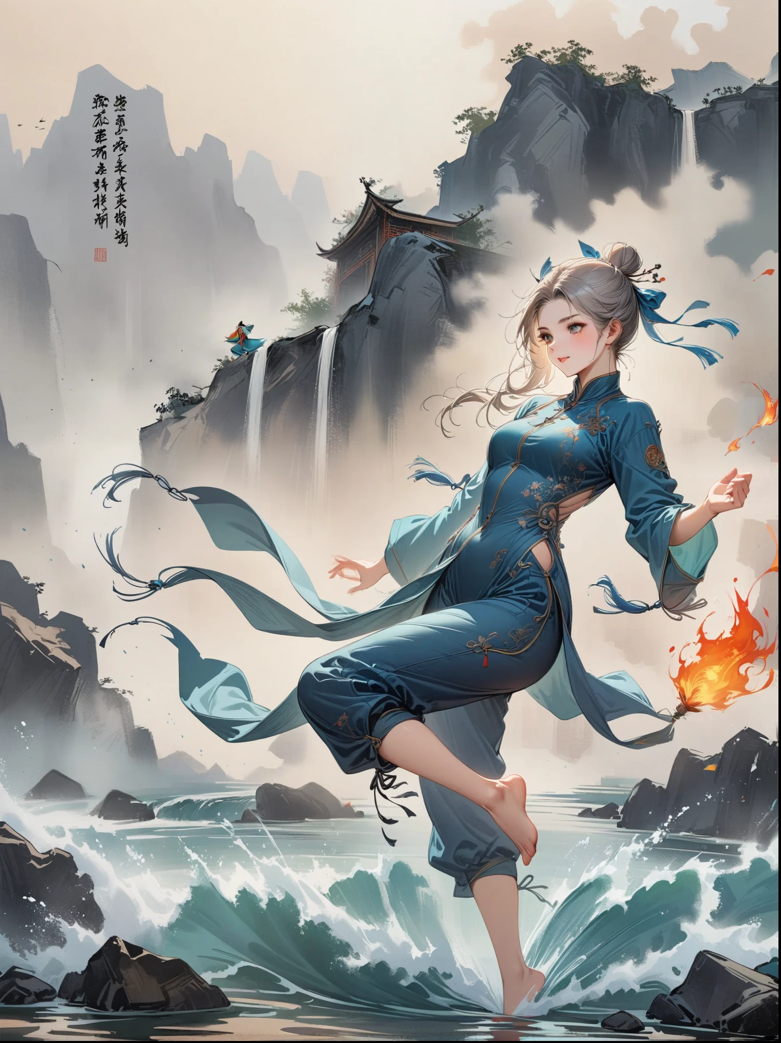 A Chinese girl is practicing Tai Chi, wearing a training suit with a background of Tai Chi diagram, water, fire, qi, and flowing movements. Her whole body is depicted in a Chinese style, with rich details, immortal energy, and Jojo's wonderful adventure style, in clothes, silver hair, hair bun, hair ribbon, blank eyes, light smile, god rays, UHD, masterpiece, ccurate, anatomically correct, textured skin, super detail, high details, best quality, 8k, award winning