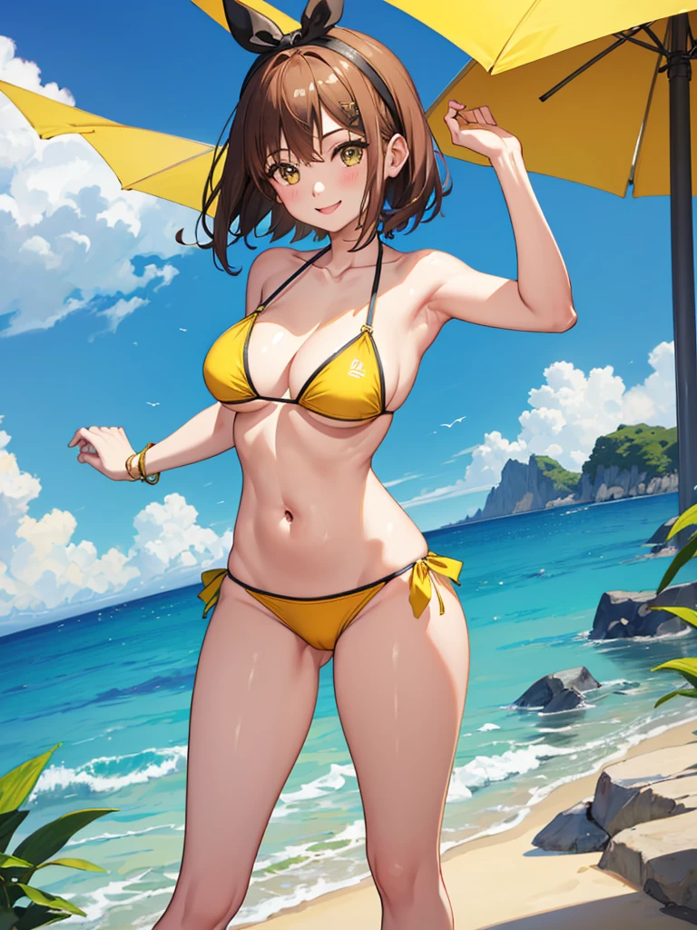 NSFW,1GIRL,((The sun is dazzling)),((Wearing only a yellow fancy bikini:1.3))、{{bare skin arm}}、{{Bare skin legs}},(((masterpiece、highest quality、High resolution)))、(((brownhair))),{{Ryza's hairstyle}},{{short cut hairstyle}},{{{She only wears a headband with a ribbon on her head}}},Tropical Summer、{{nipple protrusion}},solo、laughter、beach、{{All parts other than the bikini are bare skin}}、(((On a beautiful sunny beach)))、view audience、slender erotic body type、Glossy skin、One cute girl、Glossy skin、realistic、(((A smile that looks very fun)))、,((cameltoe)),{{She doesn't have a supporter under her bikini}}