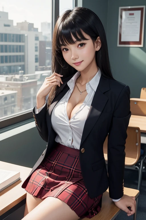 ultra highres,(reality: 1.4),highest quality, masterpiece, high detail, 16K quality, beautiful, 1 beautiful girl,japanese,super beautiful face,,japanese idol face,cute face,super detailed face,detailed hand,beautiful skin,oily skin,big eyes,profeccional lighting,medium hair,brown hair,black beautiful eyes, big smile,sitting with knee up, spread legs,(skirt lift),(((showing panties))),(white panties),medium breasts,navy blue blazer,see through white shirt,open button,cleavage,(checked skirt),cameltoe,black high socks,she is looking at the camera,classroom,nsfw,from front,