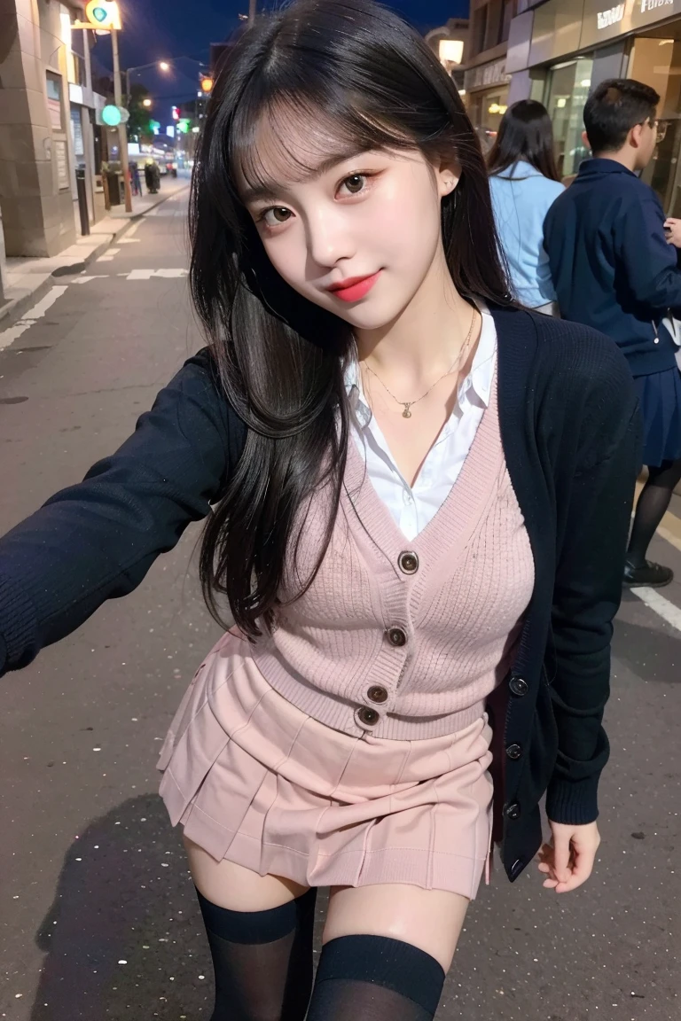 (8K), (highest quality: 1.2), (realistic), (realistic: 1.37), ultra high resolution, (1 girl, cute, smile, closed mouth, thick lips,red lip,beautiful details, beautiful nose, (straight black hair), giant dulcefo, self snap,(school uniform),(pink cardigan),white shirt,tie,check pleated skirt,(Blue knee-high socks),Standing in the city at night, From above,close up of face,thin necklace,(medium shot:1.2),