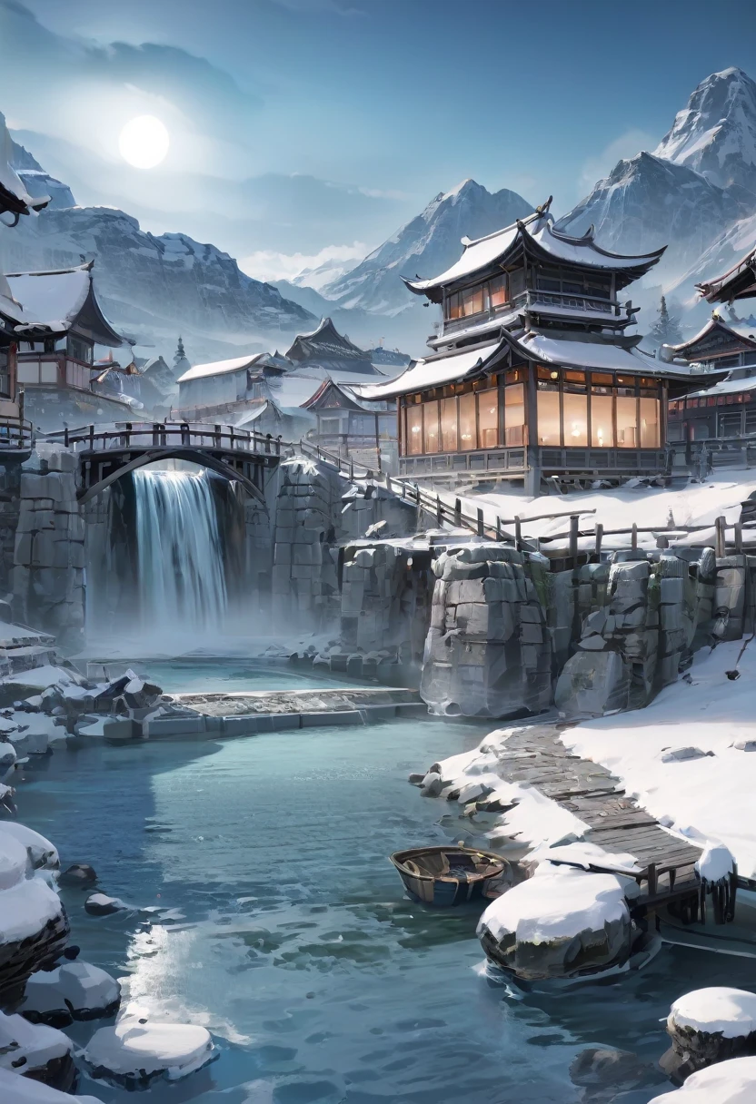 xinguofeng,Illustration,scenery\((no humans,snow,mountain,water,tree,outdoors,waterfall,east asian architecture,winter,sky,landscape,bridge,(full moon,lotus,grassland,forest,lake,waterfall):1.5\), masterpiece,best quality,unreal engine 5 rendering,movie light,movie lens,movie special effects,detailed details,HDR,UHD,8K,CG wallpaper