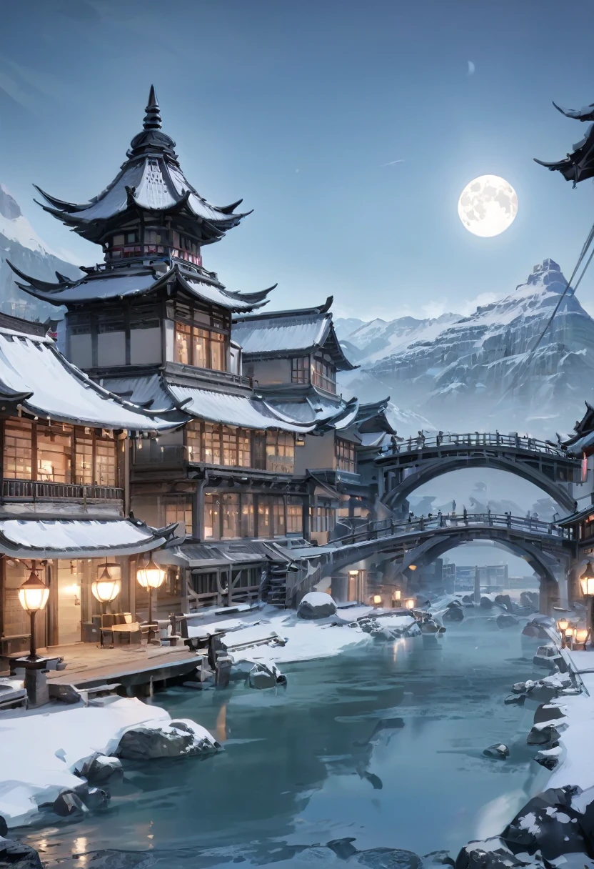 xinguofeng,Illustration,scenery\((no humans,snow,mountain,water,tree,outdoors,waterfall,east asian architecture,winter,sky,landscape,bridge,(full moon,lotus,grassland,forest,lake,waterfall):1.5\), masterpiece,best quality,unreal engine 5 rendering,movie light,movie lens,movie special effects,detailed details,HDR,UHD,8K,CG wallpaper