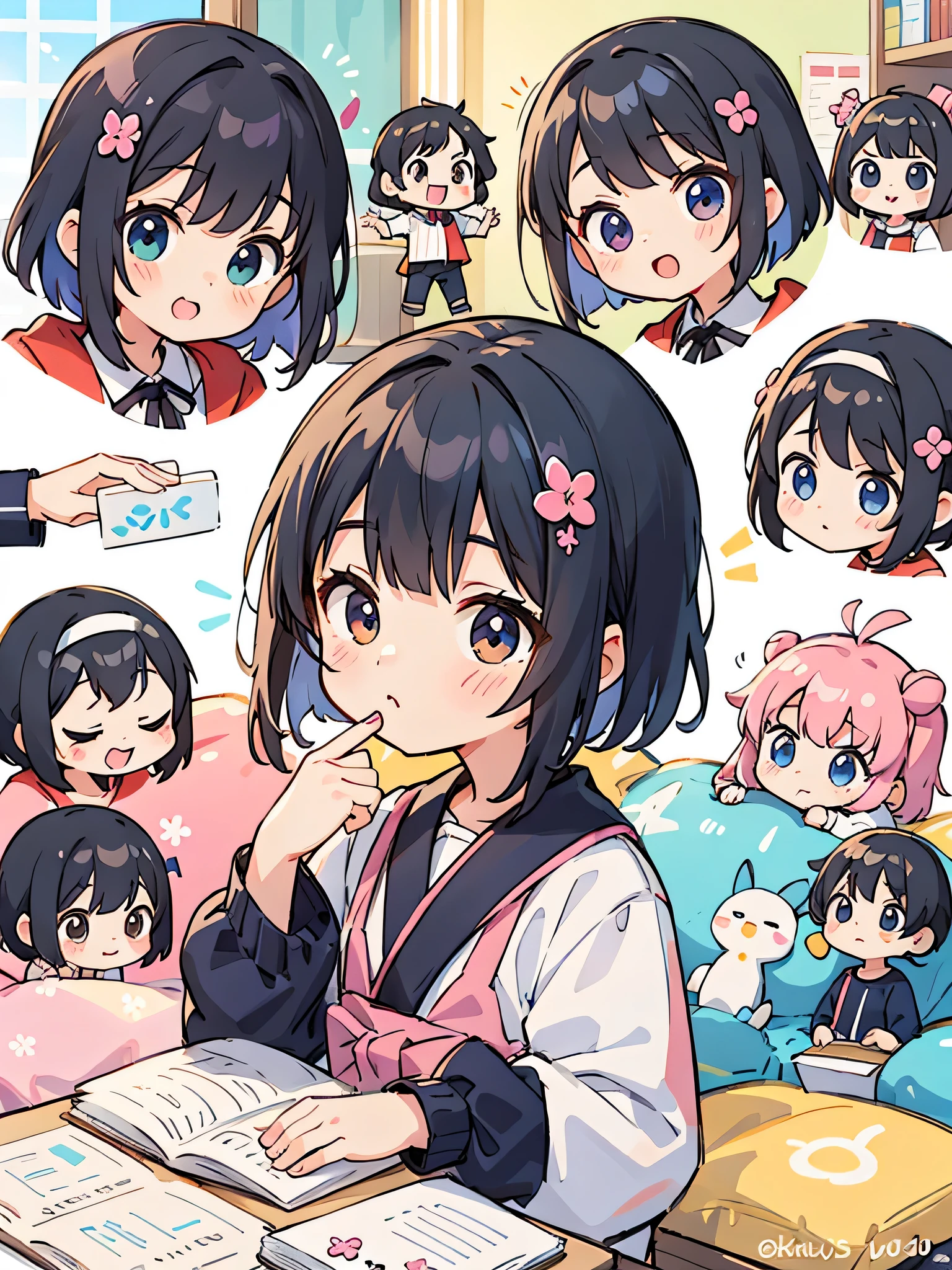Momoko Sakura style, Kawaii Design, (((10 people)))、most beautiful girl ever、Chibi, Colorful bob hair、((Lots of friends))、children's room、Study session together