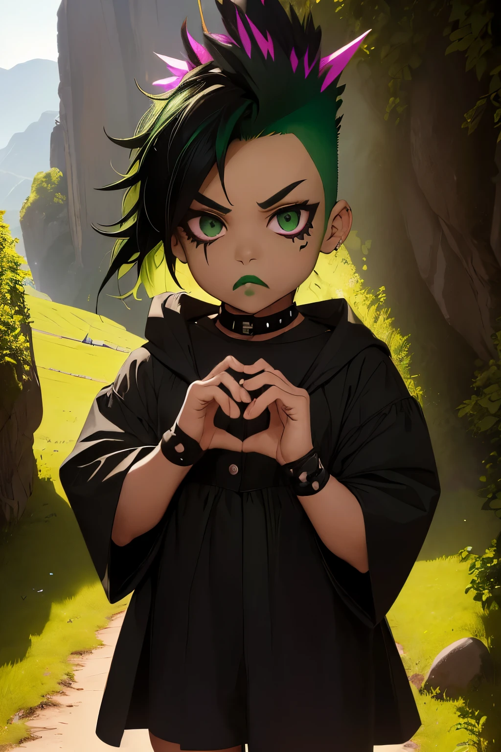 [Scene: [ (girl:1.5), (homunculus_girl:1.5), (((own hands together, heart hands))), (serious:1.5), lighting, day, daylight, aura, mountain, rocks, ravine ]
Body: [ (toddler body type:1.4) ]
Head: [ (((mohawk black hair and green streaks:1.5))), ((black_eyes:1.5)), (((black eyeliner, black lipstick))), ((sharp_eyes)) ]