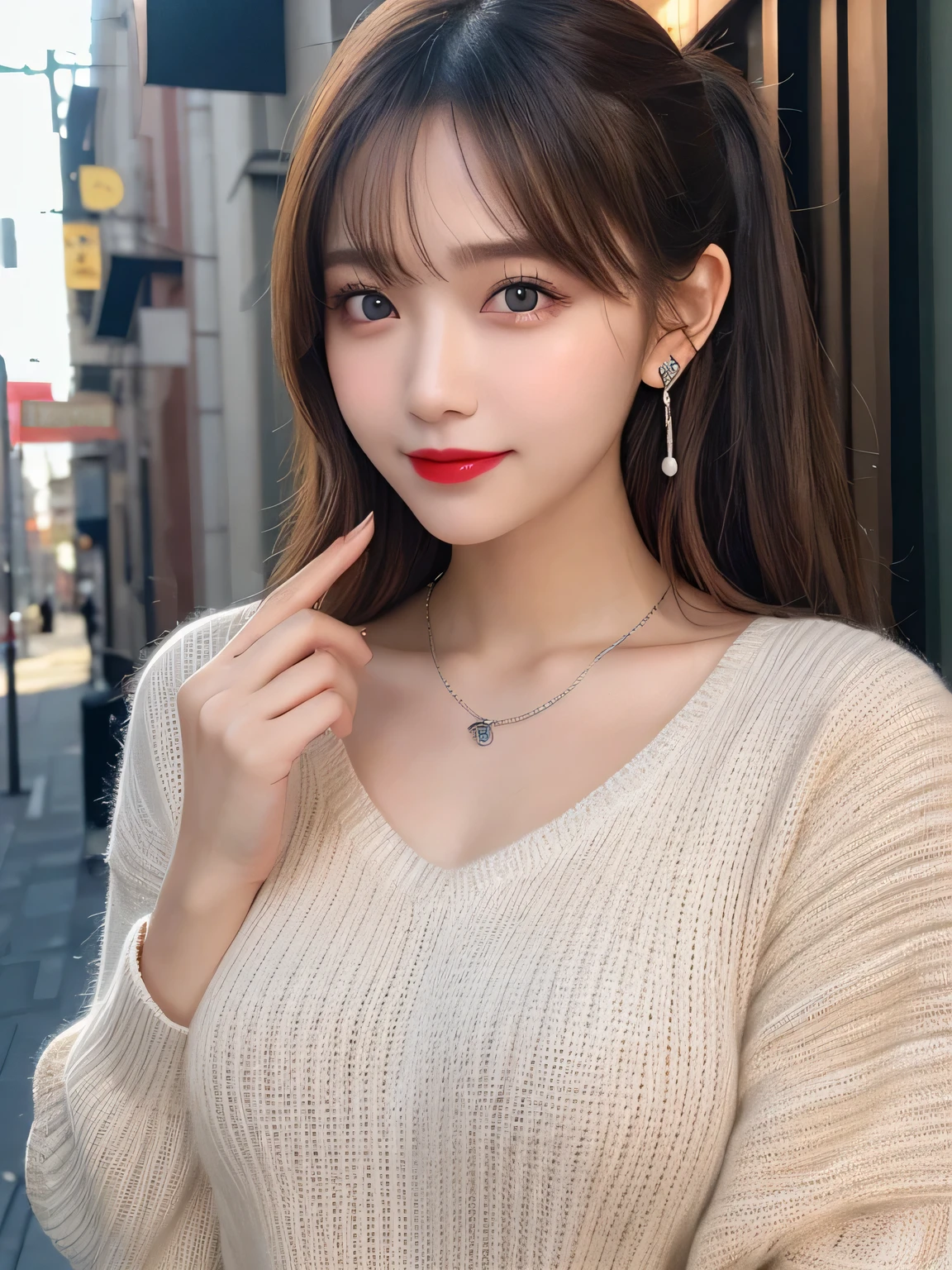 Urban beautiful girl college student, masterpiece, light makeup, red lips, silver hair, messy long hair, street background, beautiful, elegant. super fine details, master works, authentic texture, cinematic lighting realism, perfect job, 16K, hd, exquisite features,blue eyes、japanese idol、Beautiful Face、cute smile、brown hair、beautiful hair、ponytail、glamorous、 big breasts、erect nipples、Oily muscle、shiny skin、tanned skin、Black glowing skin、Sexy knitted sweaters, bright big eyes, smooth skin, earrings, necklace, tattoo
