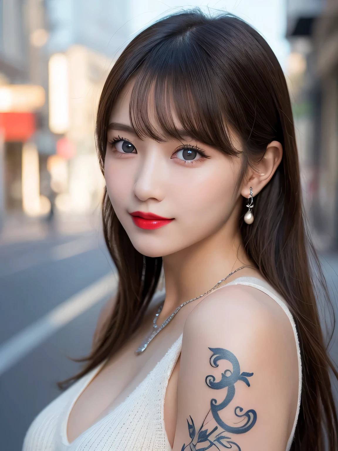 Urban beautiful girl college student, masterpiece, light makeup, red lips, silver hair, messy long hair, street background, beautiful, elegant. super fine details, master works, authentic texture, cinematic lighting realism, perfect job, 16K, hd, exquisite features,blue eyes、japanese idol、Beautiful Face、cute smile、brown hair、beautiful hair、ponytail、glamorous、 big breasts、erect nipples、Oily muscle、shiny skin、tanned skin、Black glowing skin、Sexy knitted sweaters, bright big eyes, smooth skin, earrings, necklace, tattoo