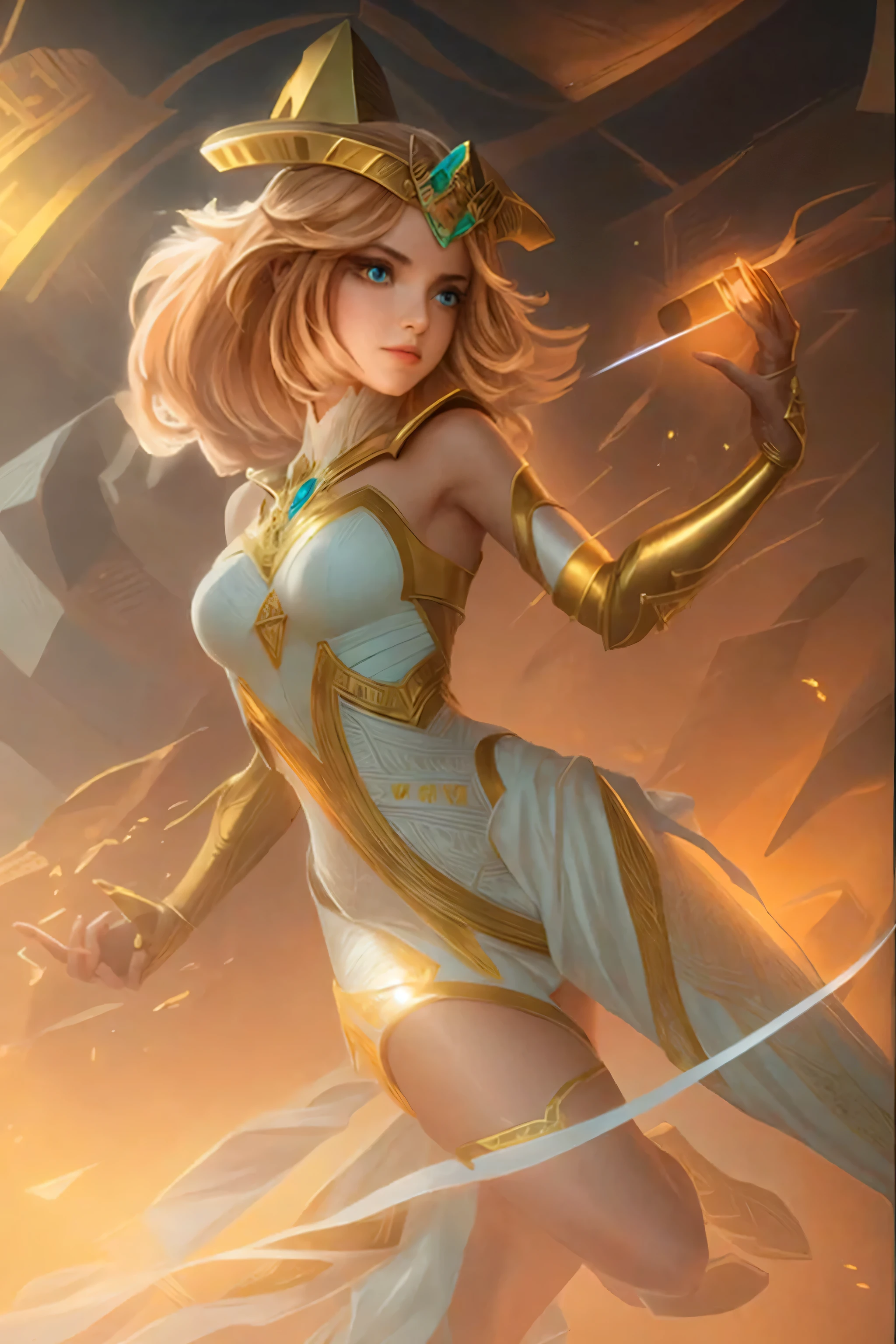 (Layered Depth,Parallax Effect,Sharp intricately detailed Background,Bright split Studio Lighting:1.3),strong stance,hip bone,quarter angle,volumetric lighting,(looking at viewer,dynamic pose:1.1),fit,athletic,skinny,tall,(full body portrait), Sun Priestess, (Large Covered Breasts, cleavage:0.9), Radiant, mystical, warm, celestial, magical, serene, sun-kissed, vibrant, illuminating, Sun-inspired robes, radiant adornments, warm fabrics, celestial elegance, magical amulets, serene hues, sun-kissed beauty, vibrant patterns, Sunlit temple, radiant landscapes, warm terrains, celestial skies, magical sunbeams, serene sunsets, vibrant horizons, illuminating aura.