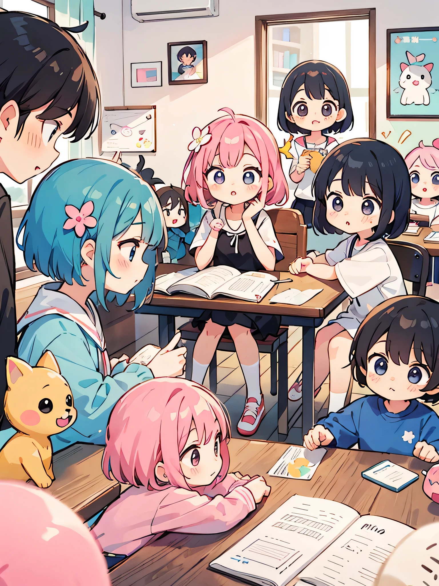 Momoko Sakura style, Kawaii Design, (((10 people)))、most beautiful girl ever、Chibi, Colorful bob hair、((Lots of friends))、children's room、Study session together