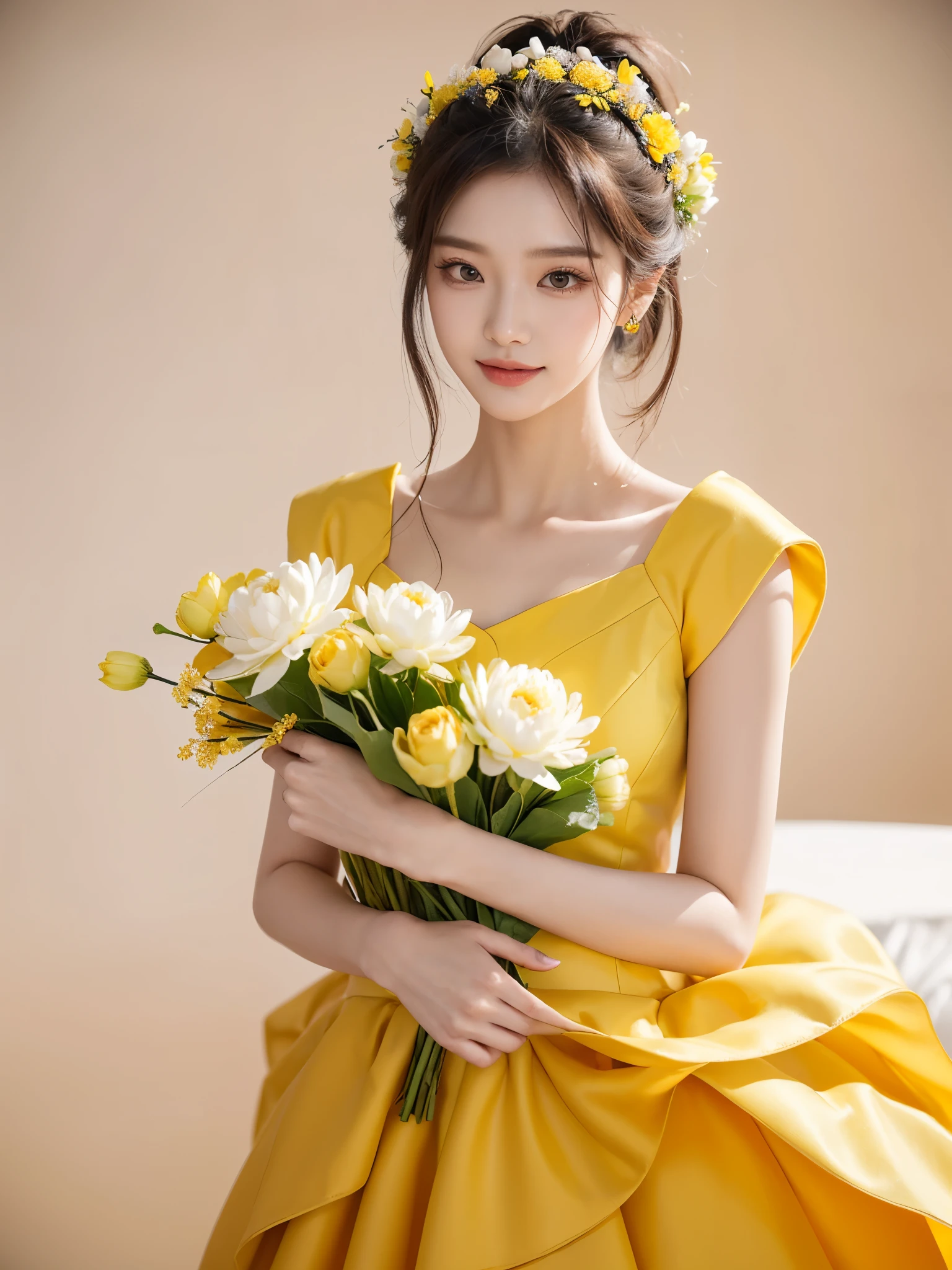 Araped woman wearing yellow dress and holding bouquet of flowers, Best Face, Chassis, blackpink jennie, Yanjun Chengt, Popular Korean Makeup, Exciting and cute aesthetics, Jinyoung Shin, Popular Korean Makeup, Inspired by Hwangji, lotus flower crown girl, beautiful angel girl, official artwork, very beautiful cute cat girl, smile, Exquisite fingers, delicate hands