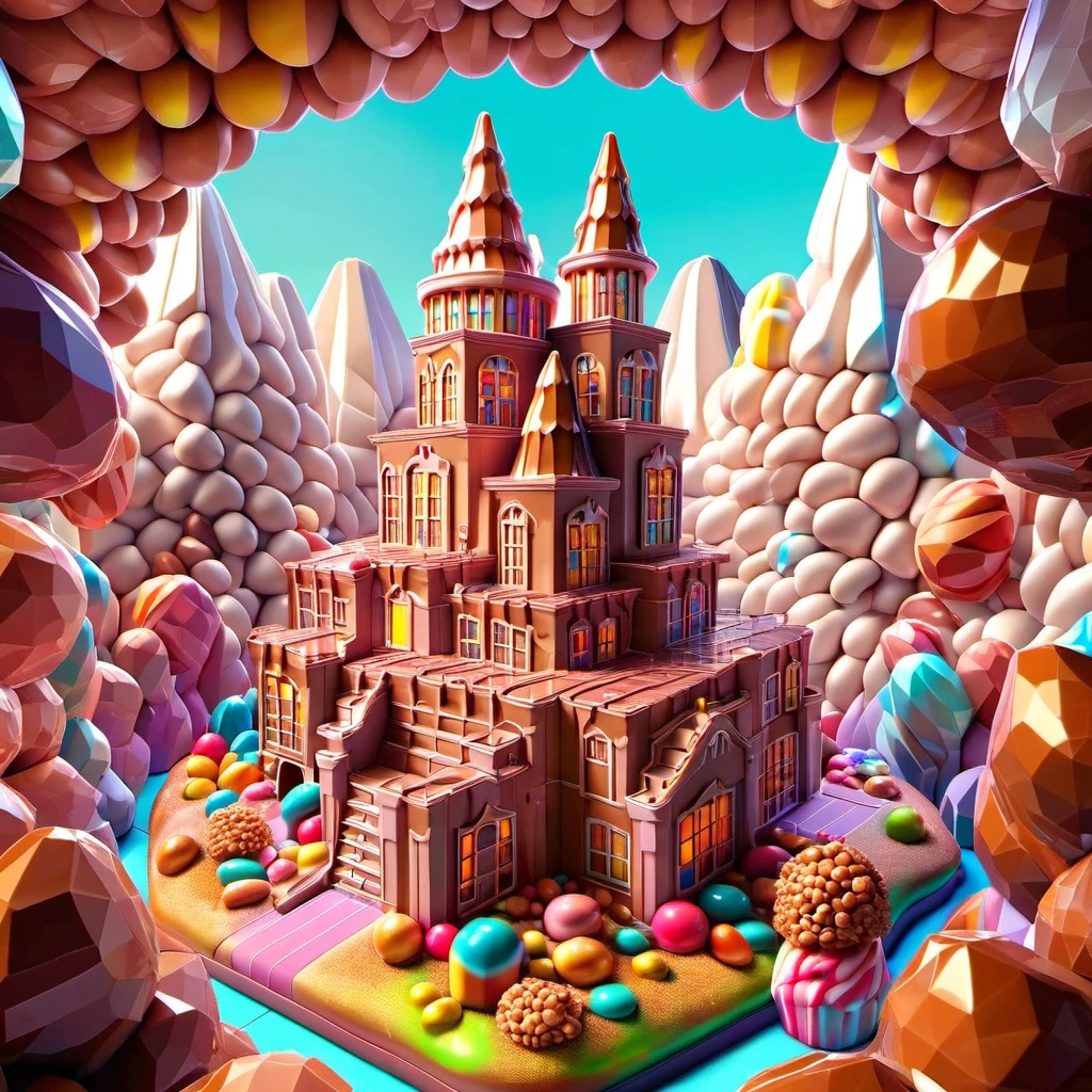 Digital art depicting the inside of Willy Wonka's chocolate castle adapted to resemble a praline diorama with hyperrealism and hyperdetalization, ultra bright colors, low poly perspective, isometric angles, 3D elements, high level of detail, showcased on platforms like ArtStation and Behance, with ray tracing effects, smooth textures, sharp focus, and ethereal lighting. High Resolution, High Quality, Masterpiece