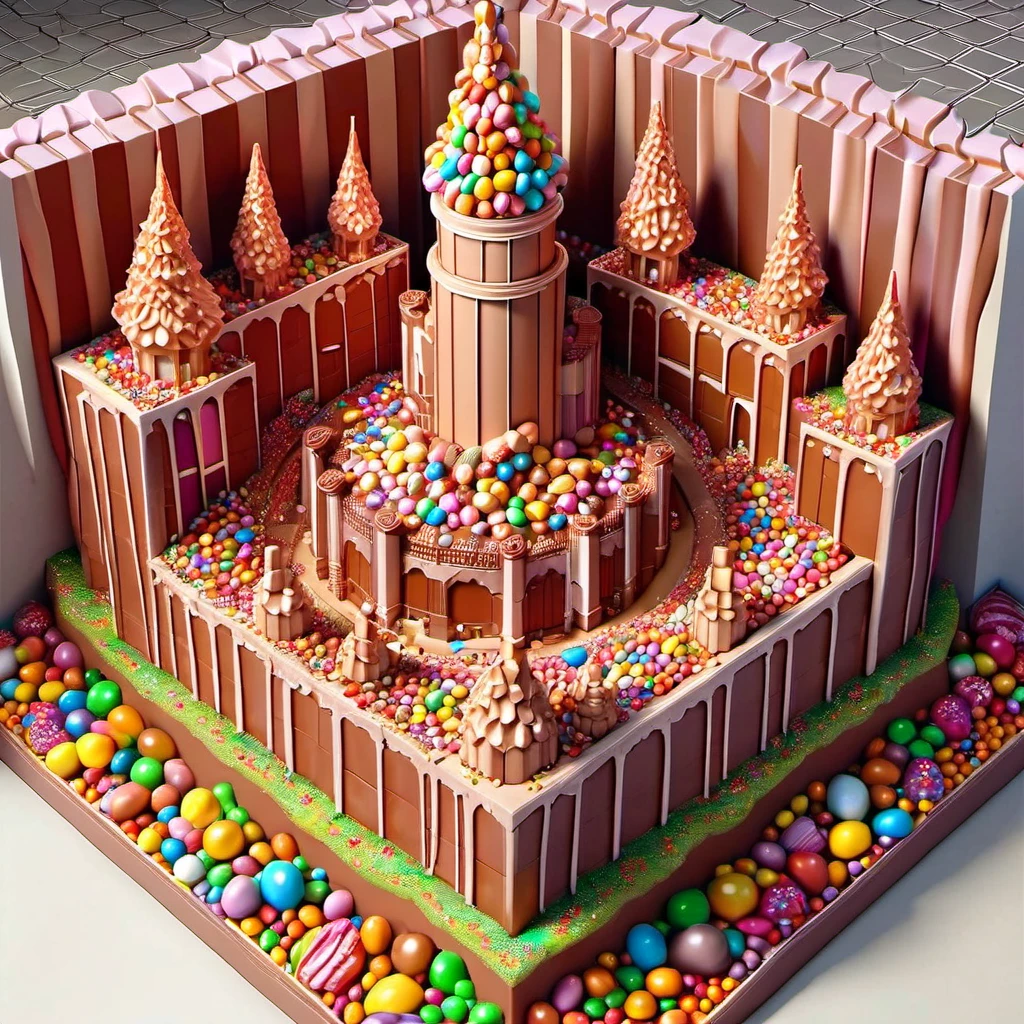 Digital art depicting the inside of Willy Wonka's chocolate castle adapted to resemble a praline diorama with hyperrealism and hyperdetalization, ultra bright colors, low poly perspective, isometric angles, 3D elements, high level of detail, showcased on platforms like ArtStation and Behance, with ray tracing effects, smooth textures, sharp focus, and ethereal lighting. High Resolution, High Quality, Masterpiece