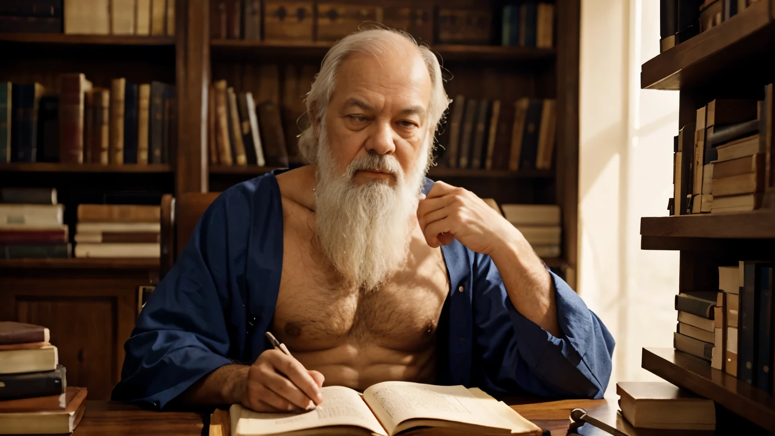 Generate socrates, shoulders up, seated on his desk facing the camera as if he is reading something from a teleprompter. . He should be at his old age, wearing ancient attire. His chest MUST be covered. His chest should not be exposed. No bookshelf, just ancient table.