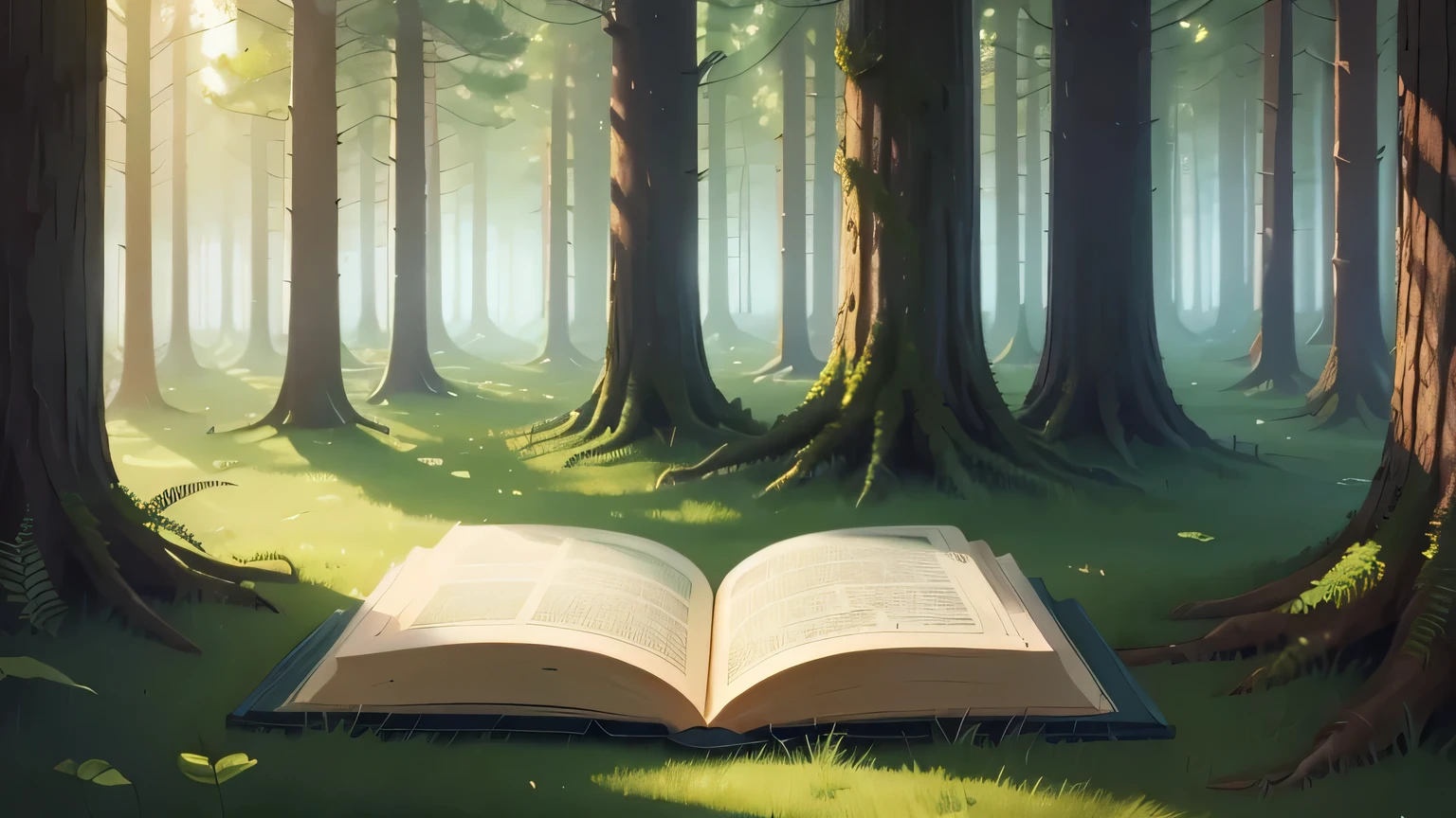 illustration of old green book, surrounded by trees in the fantasy forest