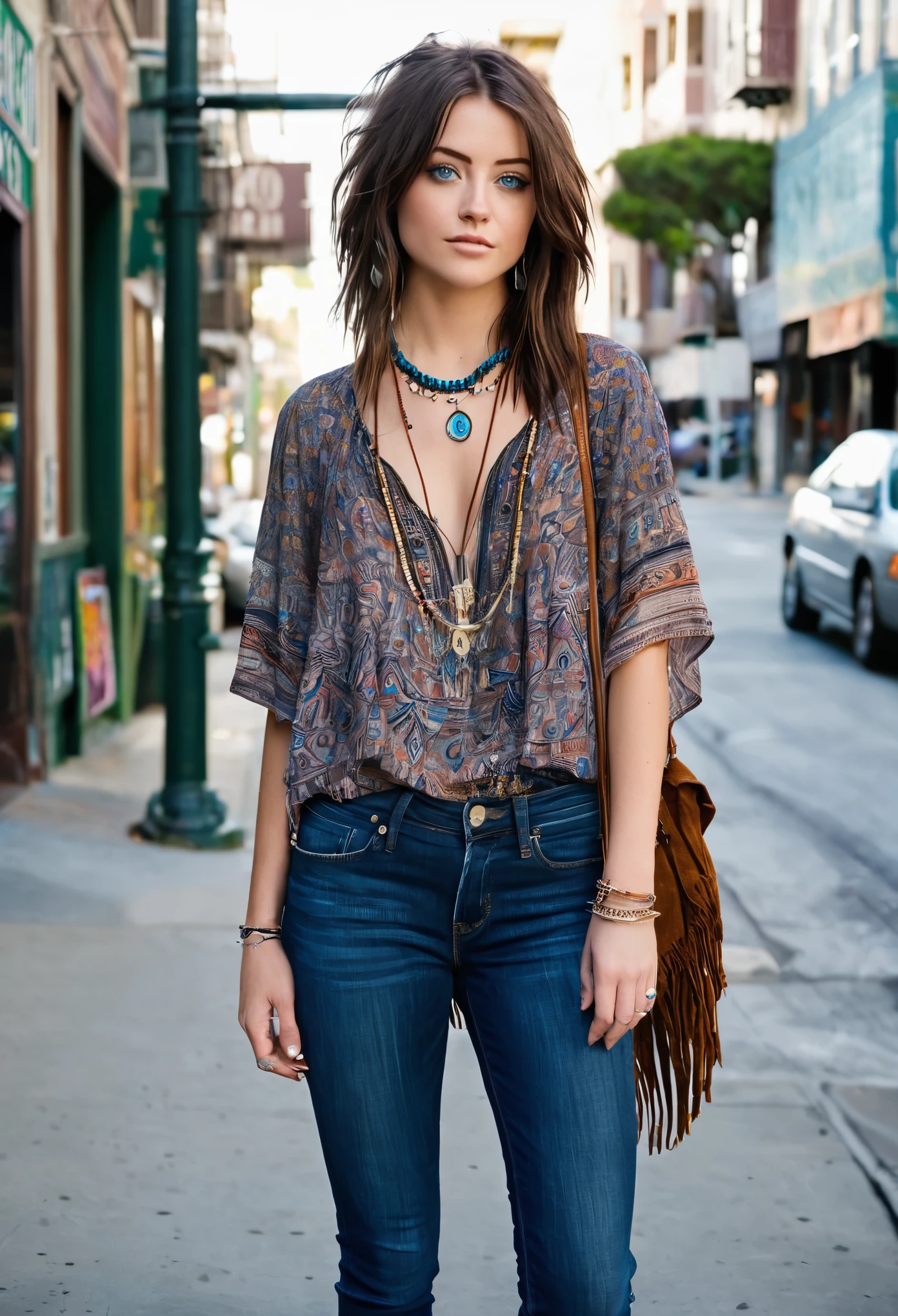 her short, tousled brunette hair and piercing blue eyes, Jordan exudes an effortless coolness that perfectly complements the city's laid-back vibe. Standing at 5 feet 7 inches, she has a slender yet athletic build that is accentuated by her confident demeanor.Jordan's attire reflects San Francisco's unique blend of bohemian flair and urban chic. She wears a flowy boho blouse paired with high-waisted skinny jeans and ankle boots, giving her look a casual yet stylish edge. A fringe suede bag and layered beaded necklaces complete her ensemble, adding a touch of eclectic charm.