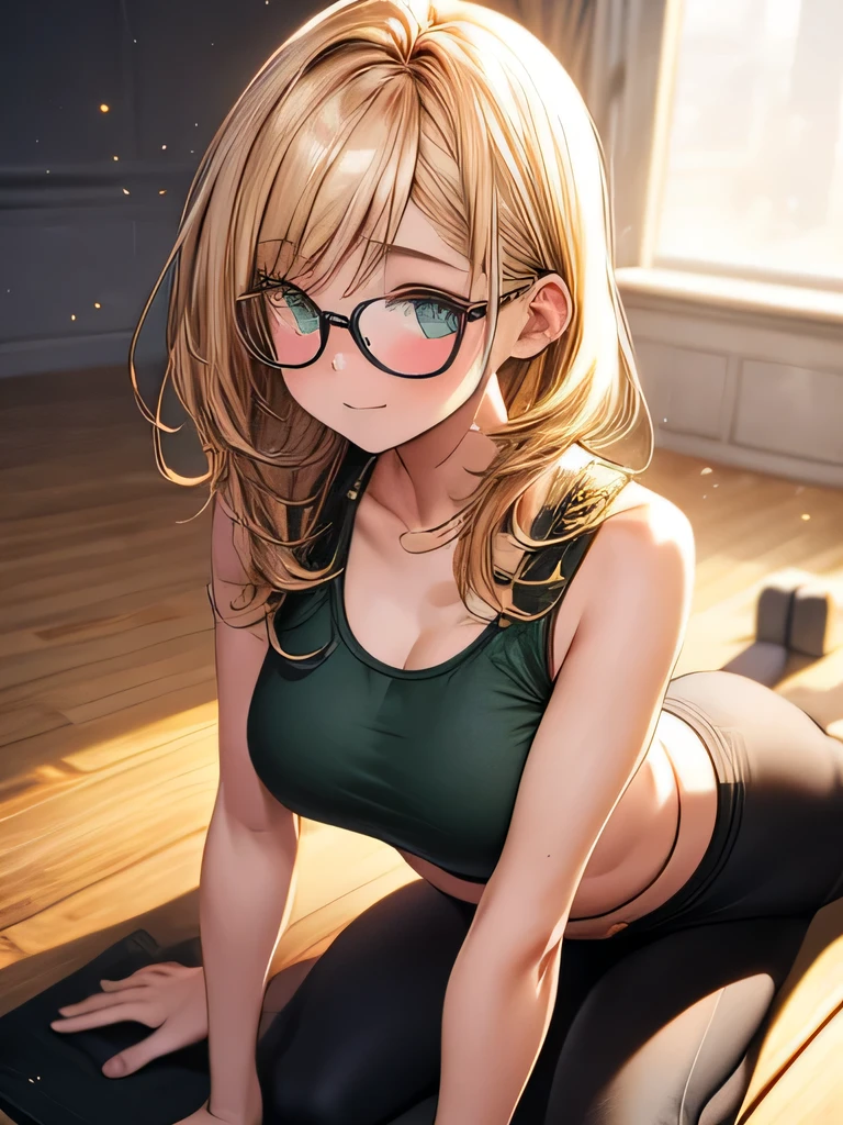 realistic, 1girl, golden hair, green eyes, detailed eyes, thin round glasses, crop top, tight leggings, blush, Depth of Field, cinematic angle, morning, downward dog yoga pose