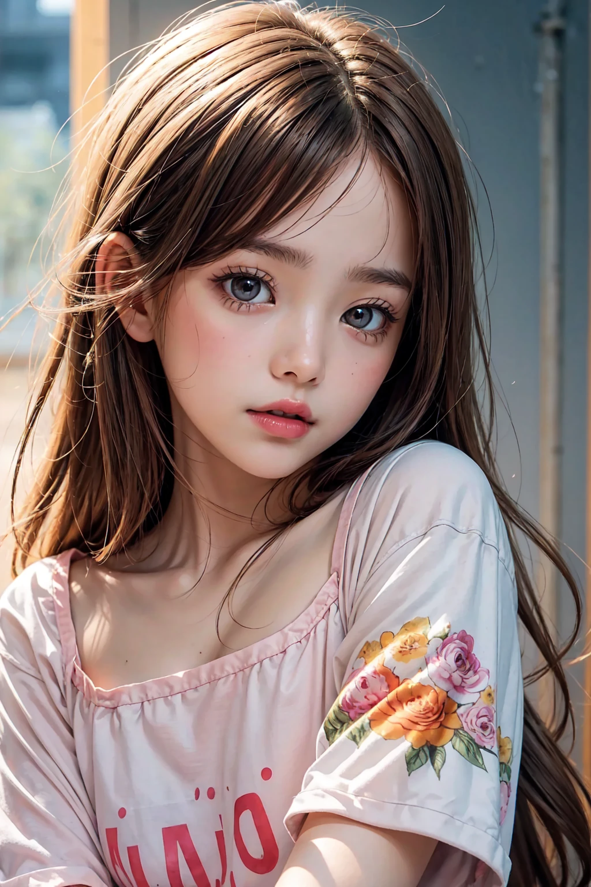 (best quality,4k,ultra-detailed,high-res,masterpiece:1.1),extremely detailed portrait of a young girl,(intense close-up),(floating watercolor illustration) of a slim 13-year-old girl, with a very delicate and beautiful face, (detailed beautiful eyes) and thick pink lips, (messy hair). She is wearing an oversized pink T-shirt, and has a soft and lazy expression. The background is simple yet captivating with clear colors.