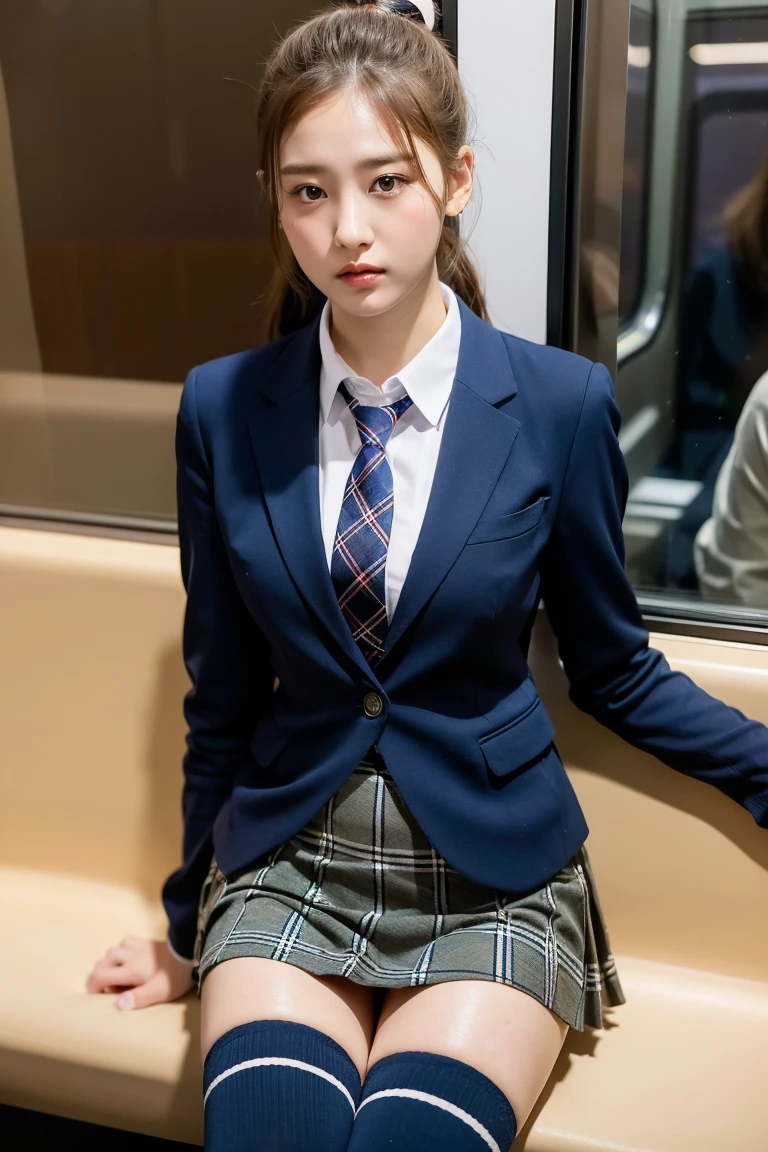 (8K), (highest quality: 1.2), (realistic), (realistic: 1.37), ultra high resolution, 1 girl, cute, serious face, closed mouth, beautiful details, beautiful nose, beautiful hair, ponytail,giant dulcefo, pork, thighs,self snap,University Student Uniform,Sitting on a train in Tokyo,simple blazer,pleated skirt,(The pattern of the skirt and tie is a tartan check pattern....:1.3),cross your legs, From above,(thighsにクローズアップ),(光沢のあるthighs),(Opaque blue knee-high socks:1.2)