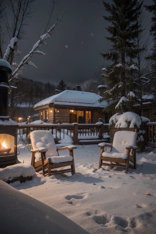 Snowy covered porch chairs and a fireplace in the middle, snow fall at night, winter setting, cozy setting, cozy and peace full atmosphere, outside in snow snowing, Snowy night, cozy place, atmospheric cold lighting, cozy wallpaper, cozy atmospheric, winter night, light snowfall,warm beautiful scene, cozy and calm,cozy enviroment,perfect lighting a snow Strom 