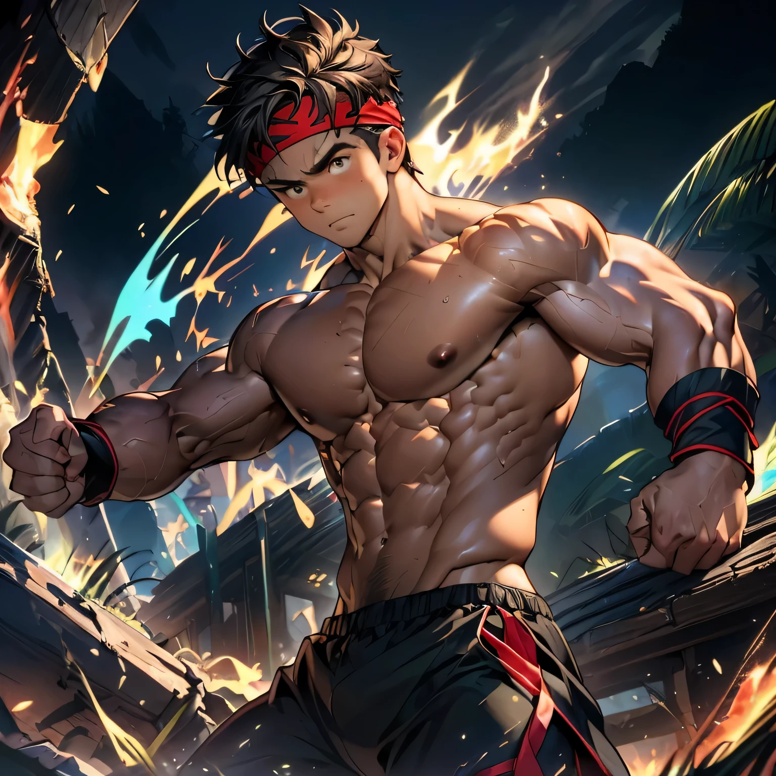 (Masterpiece, Best quality 19 year old boy, black background), solo, Young, boy, muscler, Shirtless, ???????, (Dark Short straight hair, under cut, brown eyes), (red headband, ((black wristband))), Vivid colors, (hot Abs:1.2, abs!, big abs, big ??????:1.2, ?????!, muscler upper arms, clenched fist), (??????? male), muscler!, muscler body, Man with martial arts stance, (aura power:1.4), detailed face, detailed muscle, (((A magical turquoise mystical aura, random fighting pose, powerful, action, rippling muscles, fighting with enemy, concentrate, Fotografia de combate)))