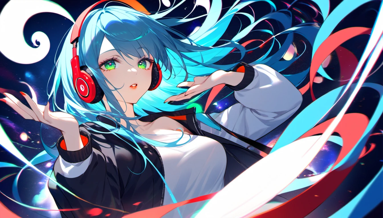 A young and very ???? and beautiful adult woman with large green eyes, long Blue hair. Impeccably make up with red lipstick, dark eyeshadow accentuating her bright eyes. She's dressed in an open jacket that's slightly oversized, wearing a top covering her ample ?????. Sporting large, colorful headphones, she giving a side look tô the camera. She is floating in another chaotic dimension, with red and Black shapes and lights. She is touching a music CD that is floating in space, with swirling lights and colors around her hand, and a calm and tranquil, almost maternal expression on her face.
