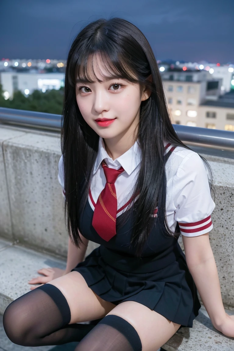 (8K), (highest quality: 1.2), (realistic), (realistic: 1.37), ultra high resolution, (1 girl, cute, smile, closed mouth, thick lips,red lip,beautiful details, beautiful nose, (straight black hair), giant dulcefo, self snap,(school uniform),white shirt,tie,pleated skirt,(knee high socks),Squatting in the city at night, From above,close up of face,