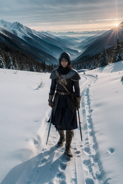 roman soldier standing, Carrying a sword in the high mountains, Beautiful scenery of the saw.
