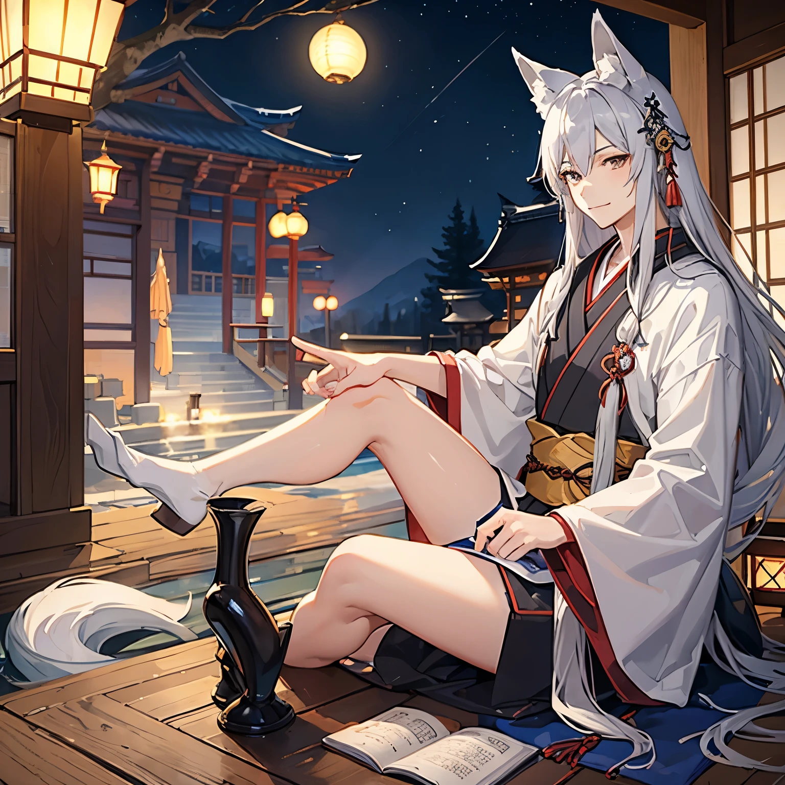 Man with fox ears and a fox tail.、Zephyr Witch、Japanese-style temple、Silver Grey Hair、smile、long hair、night、I&#39;m drinking Japan、sitting
