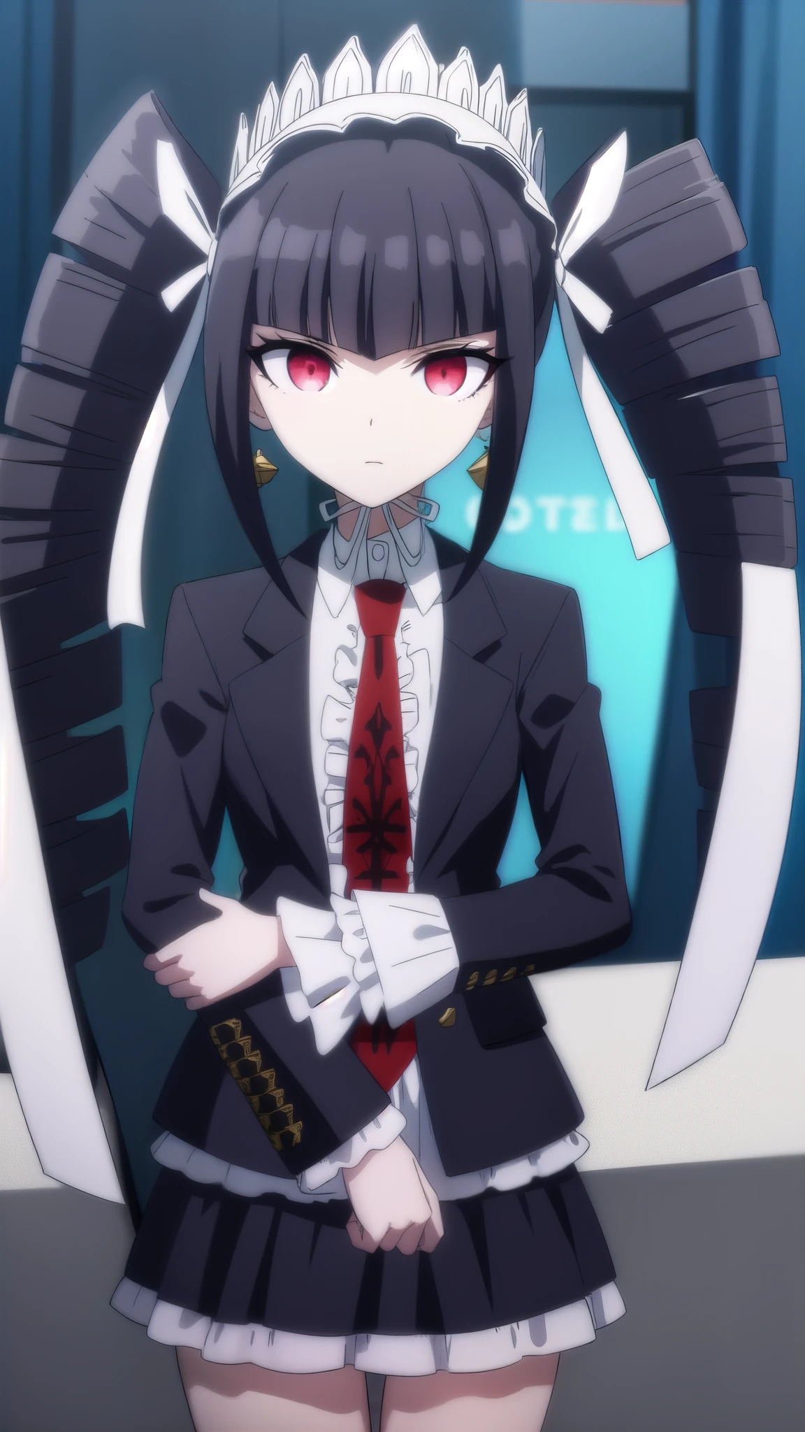 celestialudenberg, celestia ludenberg, long hair, bangs, black hair, (red eyes:1.3), long sleeves, twintails, drill hair, twin drills,
BREAK skirt, shirt, black hair, long sleeves, jewelry, jacket, earrings, frills, necktie, black skirt, black jacket, red necktie, bonnet, print necktie,
BREAK outdoors, classroom,
BREAK looking at viewer, (cowboy shot:1.5),
BREAK (masterpiece:1.2), best quality, high resolution, unity 8k wallpaper, (illustration:0.8), (beautiful detailed eyes:1.6), extremely detailed face, perfect lighting, extremely detailed CG, (perfect hands, perfect anatomy),