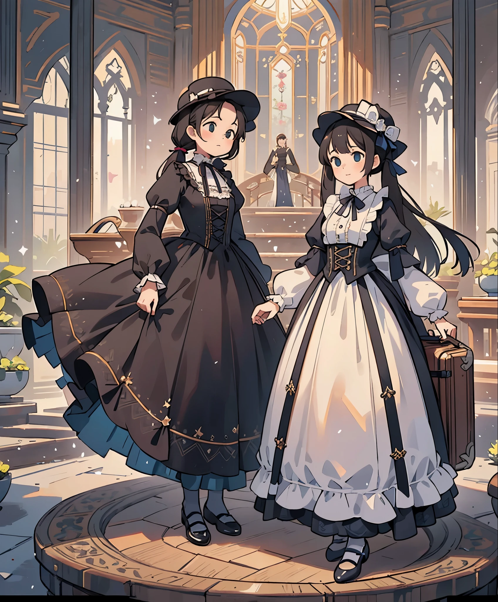 (masterpiece、highest quality、highest quality、official art、beautiful beautiful:1.2)、(1 girl:1.3)Hatsune Miku、twin tails,big breasts,Arabian woman in dress and hat with suitcase on stairs, victorian gothic lolita fashion, lolita style, victorian style costume, Victorian English style, Victorian style clothing, with victorian clothing, victorian style, lolita fashion, rococo ruffle dress, rococo dress, victorian dress, 1 8 8 0 s style, victorian clothing, victorian era