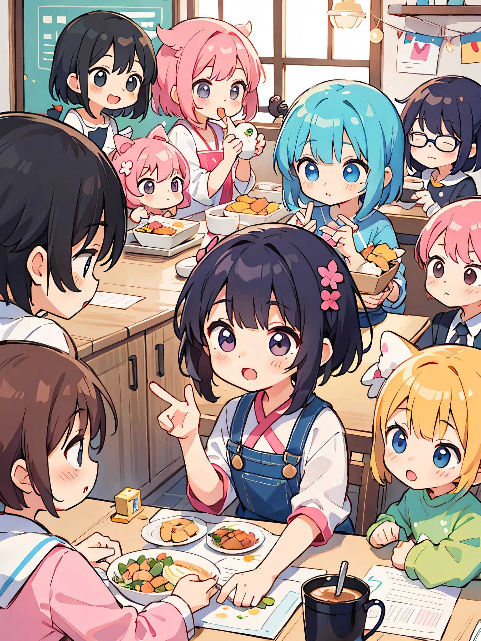 Momoko Sakura style, Kawaii Design, (((10 people)))、most beautiful girl ever、Chibi, Colorful bob hair、((Lots of friends))、children's room、Lunch together