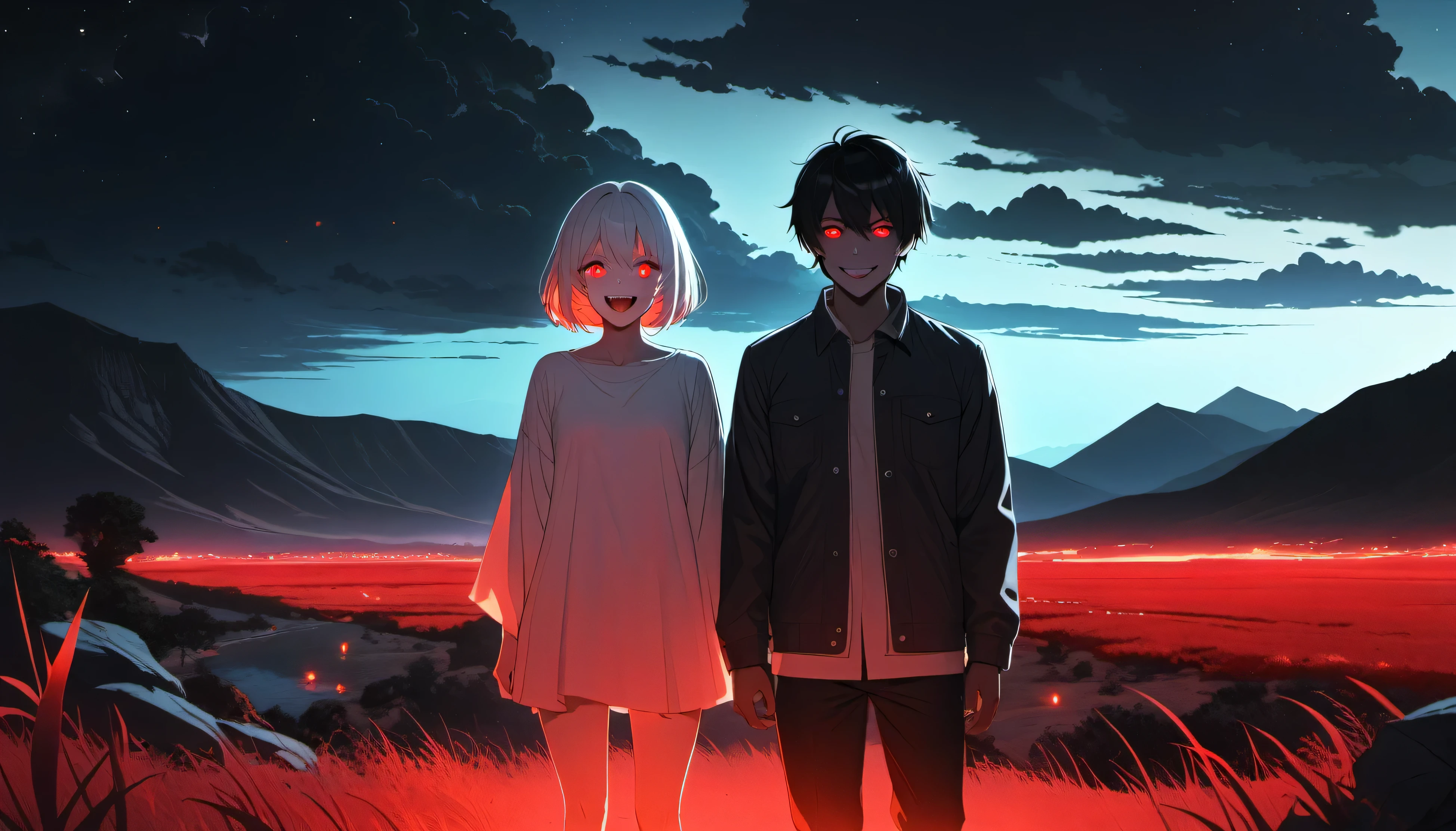 1 girl, alone, looking at viewer, smile, short hair, open mouth, red eyes, 1 boy, hair between eyes, white hair, teeth, tongue, shiny, colored skin, fangs, landscape, glowing eyes, full body, eye Bright, Darker Light