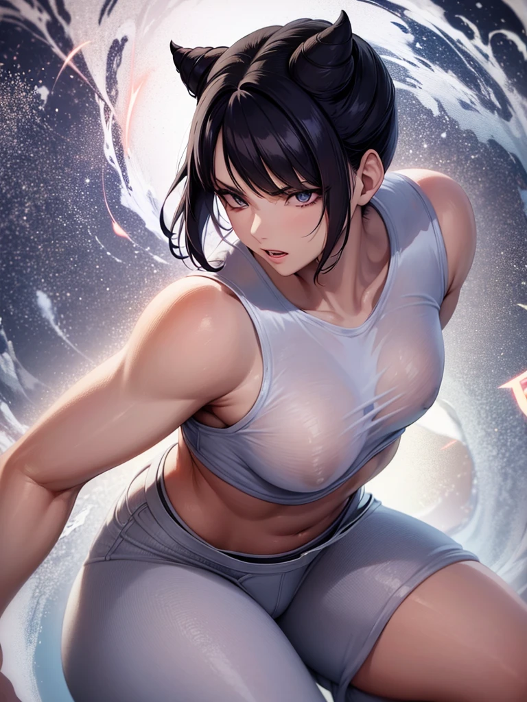 Juri Han, street fighter(master part, best quality, ultra-detalhado, Melhor sombra), (Antecedentes detalhados, Olhando para o Viewer, Serious, irritado), Rosto detalhado, (best ilumination), ((Cinematic light)), colorido, hiper detalhe, dramatic light, detalhes intrincados