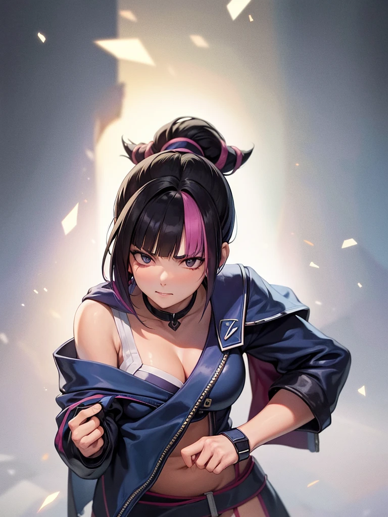 Juri Han, artwork, tight white secretary shirt with black tie, black high-waist skirt, skirt short,sock, Bblack hair, blackstockings,evil smile,,bangs on the eyes,lighting,horn of hair,from above view,staring overhead,crossed arms