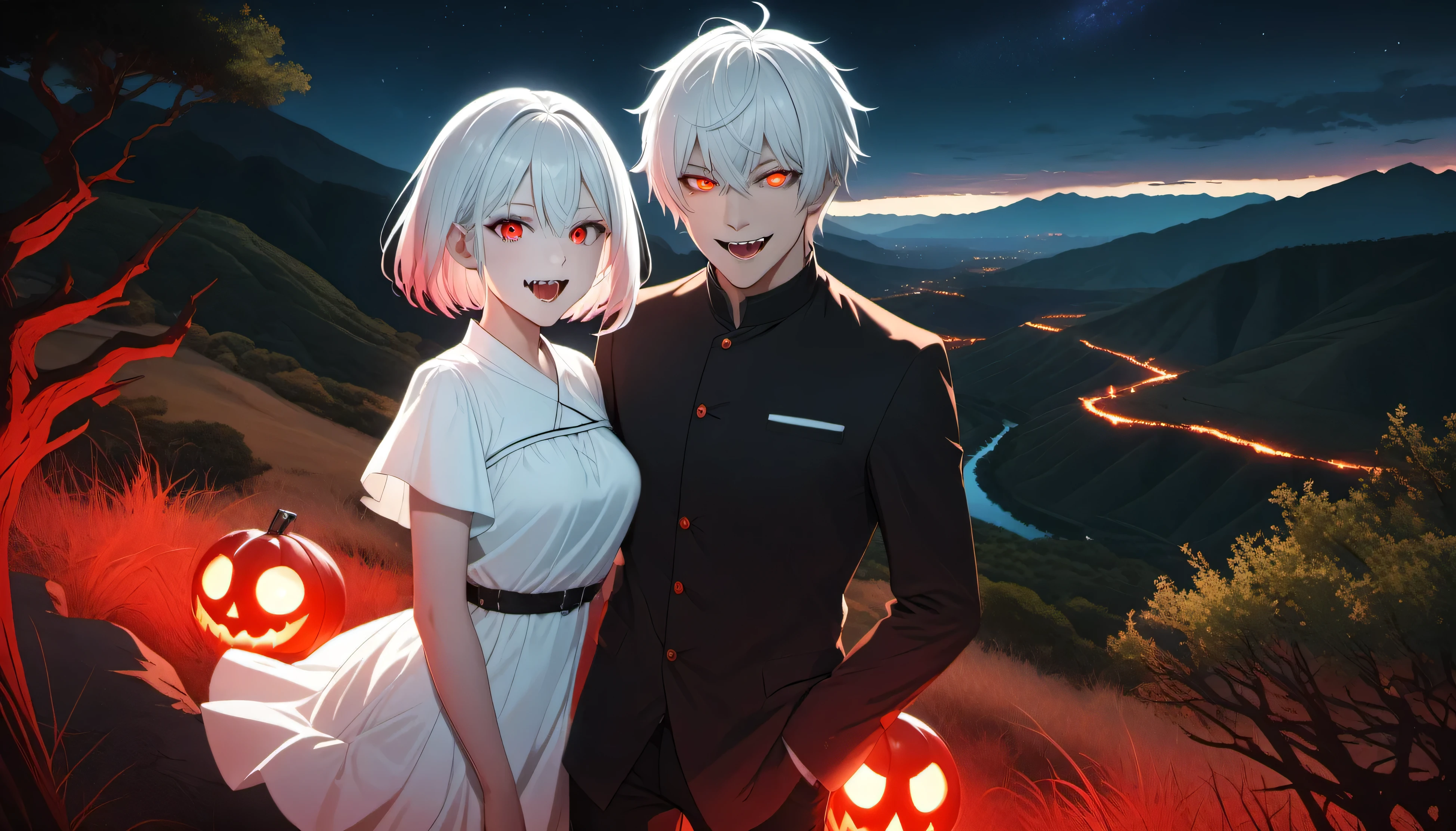 1 girl, alone, looking at viewer, smile, short hair, open mouth, red eyes, 1 boy, hair between eyes, white hair, teeth, tongue, shiny, colored skin, fangs, landscape, glowing eyes, full body, eye Bright, Darker Light