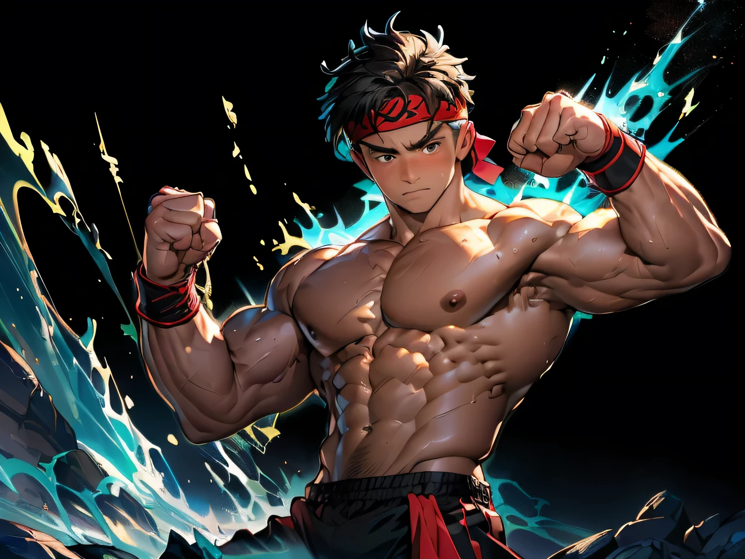(Masterpiece, Best quality 19 year old boy, black background), solo, Young, boy, muscler, Shirtless, topless, (Dark Short straight hair, under cut, brown eyes), (red headband, ((black wristband))), Vivid colors, (hot Abs:1.2, abs!, big abs, big breast:1.2, chest!, muscler upper arms, clenched fist), (topless male), muscler!, muscler body, Man with martial arts stance, (aura power:1.4), detailed face, detailed muscle, (((A magical turquoise mystical aura, random fighting pose, powerful, action, rippling muscles, fighting with enemy, concentrate, Fotografia de combate)))
