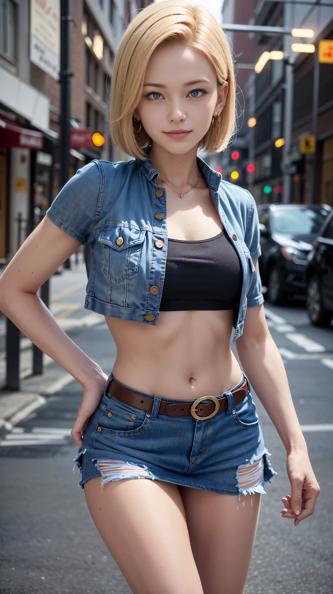 highest quality, High resolution, AND18, 1 girl, android 18, alone, blonde hair, blue eyes, short hair, cute smile,earrings, jewelry, denim dress, open vest, black sports bra, jeans miniskirt, blue mini skirt, small breasts, cowboy shot, she is wearing black short boots,street, (external expansion chest: 1.2),