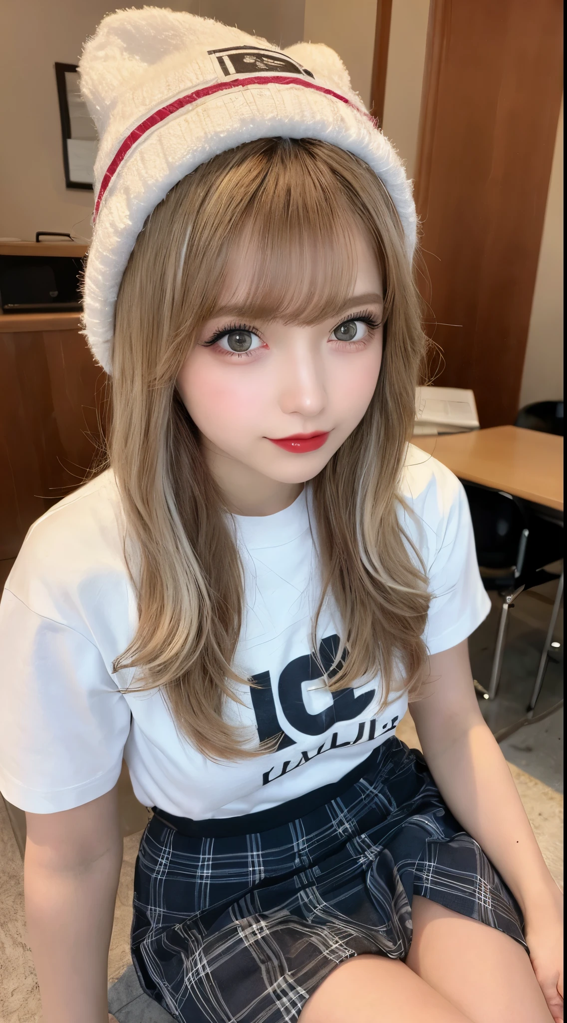 high quality、blond、plaid skirt、T-shirt blanc en Y、fille、mini jupe、couleur de cheveux brillante、tanned hair、sexy 、blond、High school student、Jambes fines、de beaux cils、high resolutionの顔、Dézoomer、20 ans、Angle de vue jusqu'aux genoux、best quality, Illustration, super detailed, Fine details, high resolution, Fond d'Dendé 8K screen, Beautiful detailed eyes, coiffures mignonnes au hasard, Seins bonnet C, Natural colored lips