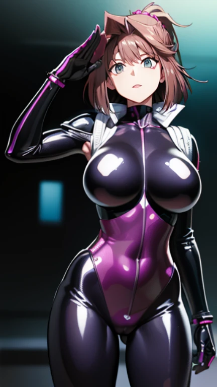 1 girl,NSFW,  Kyoko Masaki,(Yu-Gi-Oh),AnzuDef,short hair, brown hair, hair ornament, high ponytail, ponytail,huge breasts, clavicle, Glowing purple eyes,absurd, brainwashing,empty eyes, ((No expression,erasure of emotions)), (black latex tight bodysuit),look away , full body figure,((stand up, salute)), (highest quality、4k、8K、High resolution、must have:1.2)、Super detailed、(reality、realisticです、realistic:1.37)、ticker、hyper hd、studio lighting、ultra definition paint、sharp focus、Physically based rendering、extreme details、Professional specifications、vibrancy and color、blurry、sports portrait、landscape、horror style、anime big breast、SF、photograph、concept artist、five fingers, perfect body,  {{{masterpiece}}}, {{{highest quality}}}, {{Super detailed}}, {shape}, {{very delicate and beautiful}},Improved cost performance、all roles、Canon 5D MK4でphotograph、photograph, 