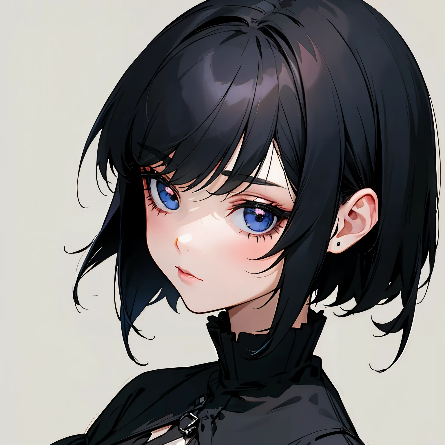 1 girl, black hair, black eye,simple background,gothic fashion,bob hair,anime drawing