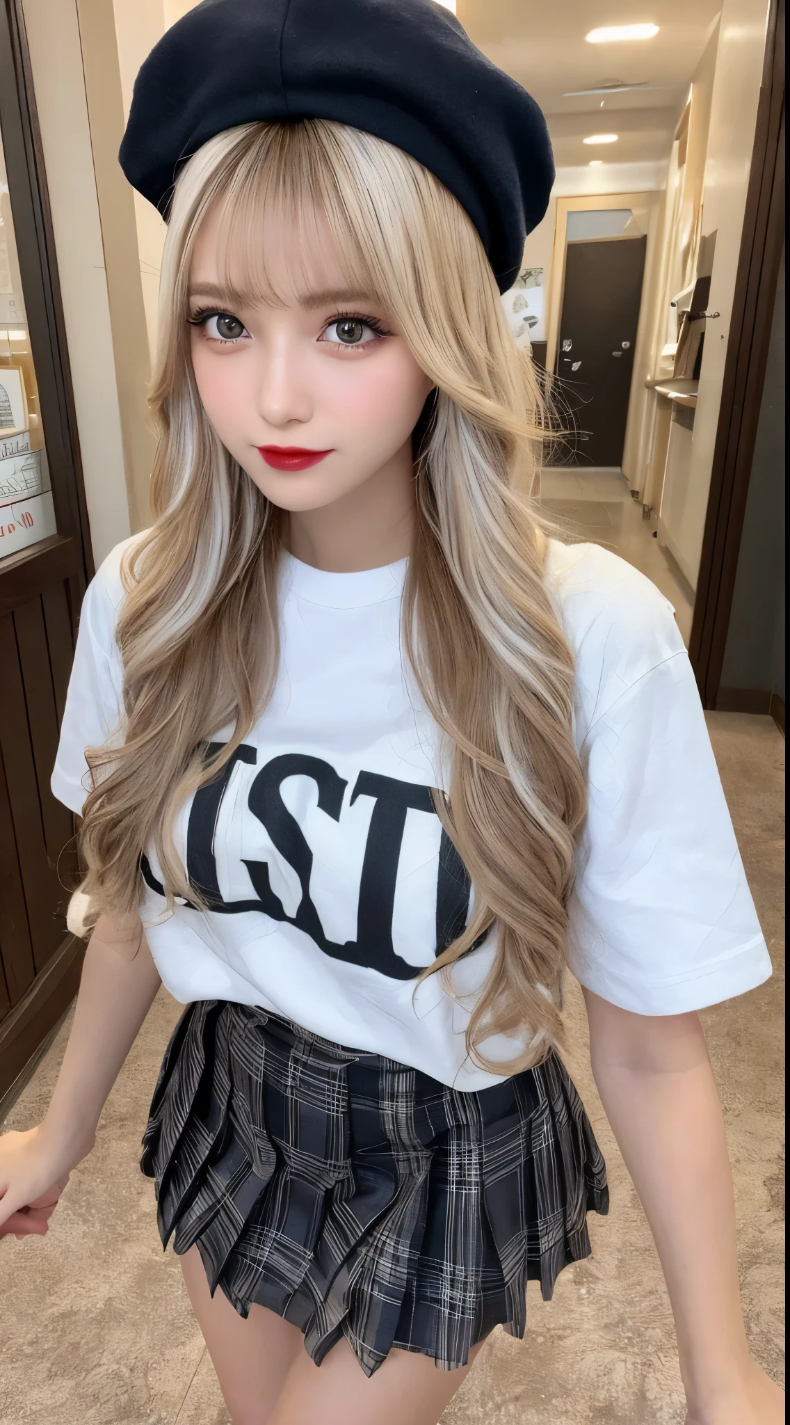 high quality、blond、plaid skirt、T-shirt blanc en Y、fille、mini jupe、couleur de cheveux brillante、tanned hair、sexy 、blond、High school student、Jambes fines、de beaux cils、high resolutionの顔、Dézoomer、20 ans、Angle de vue jusqu'aux genoux、best quality, Illustration, super detailed, Fine details, high resolution, Fond d'Dendé 8K screen, Beautiful detailed eyes, coiffures mignonnes au hasard, Seins bonnet C, Natural colored lips