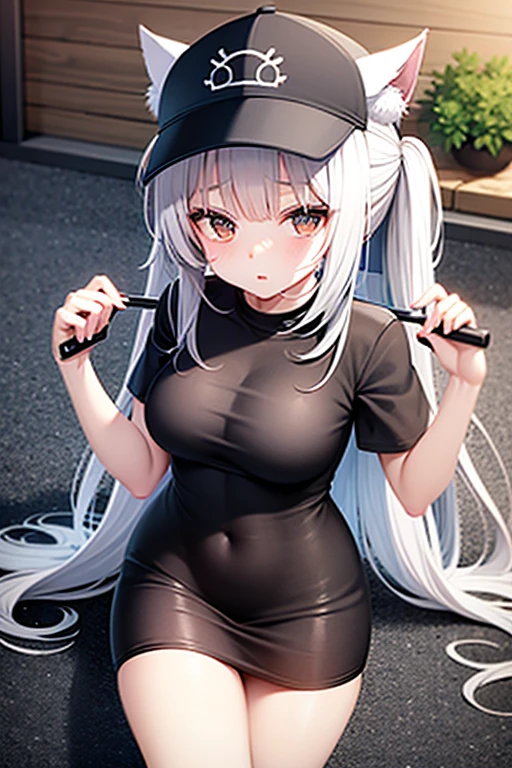 Anime white neko girl with roblox cap, gray shirt, using bored mask, holding cursed dual katana