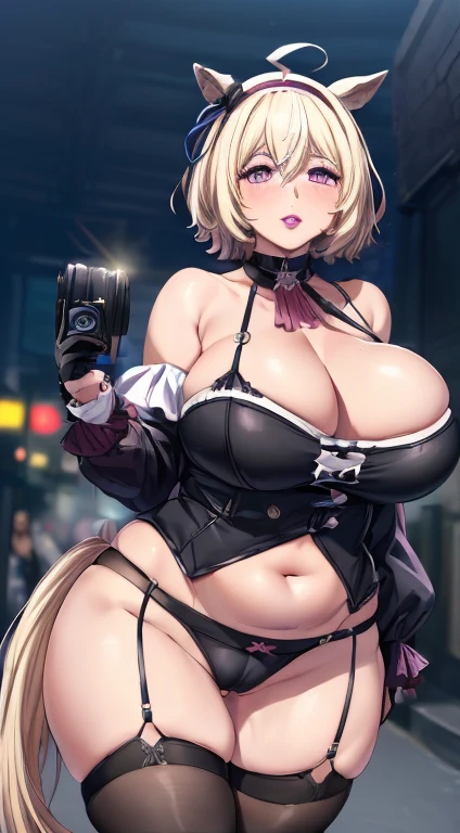 (Masterpiece, Best Quality, High Quality:1.4), (professional artwork, extremely detailed girl:1.0), 8k, detailed eyes, perfect face, 1girl, (voluptuous, mature female, plump, large lips:1.2), wide hips, thick thighs, cleavage, heavy makeup, top heavy, bursting breasts:1.4), (skindentation, long eyelashes, dark eyeshadow, close up, (black lipstick:1.2), smile, (blonde hair:1.2), meish0d0t0, horse tail, blue ear ribbon, ribbon, white legwear, white gloves, pink hairband, white pantyhose, shoulder bag, bare shoulders, crop top, short shorts, cameltoe, navel, on road, night city, crowd, (public), (photographer:1.2), foreground,