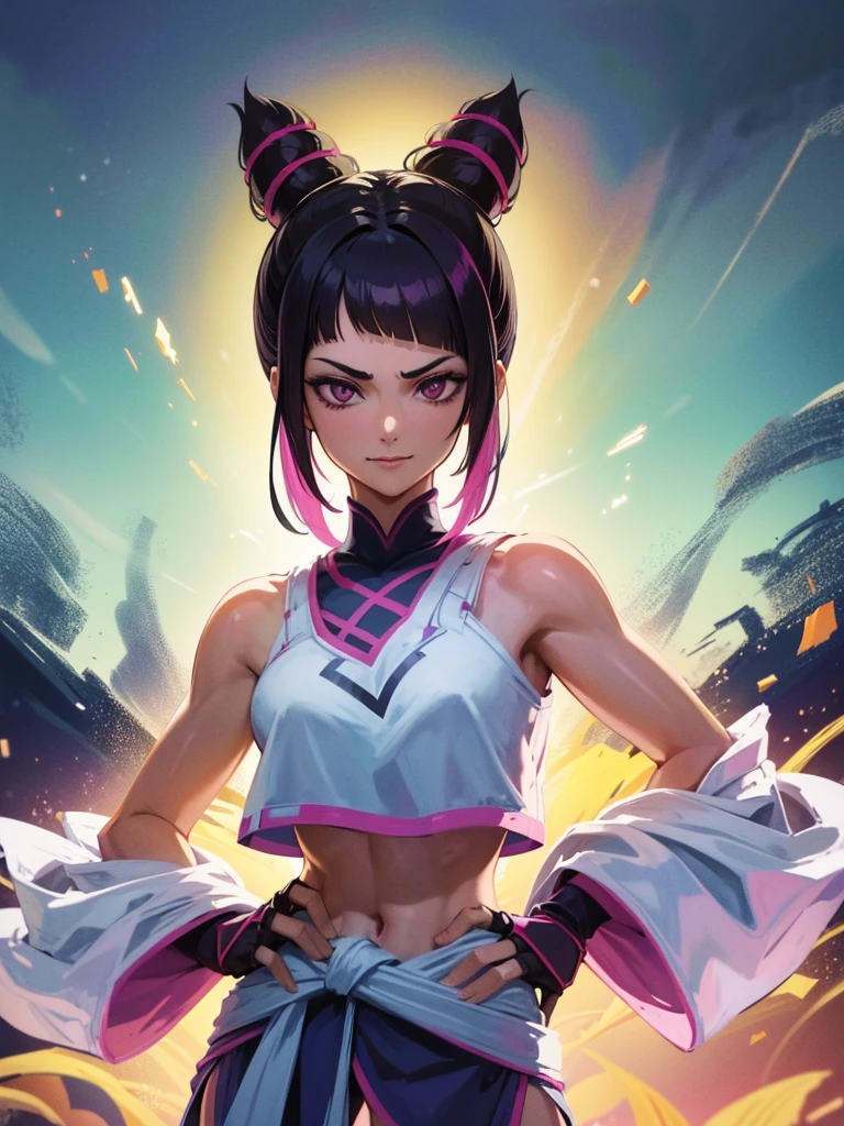 Juri Han, street fighter(master part, best quality, ultra-detalhado, Melhor sombra), (Antecedentes detalhados, Olhando para o Viewer, Serious, irritado), Rosto detalhado, (best ilumination), ((Cinematic light)), colorido, hiper detalhe, dramatic light, detalhes intrincados,sorriso maligno