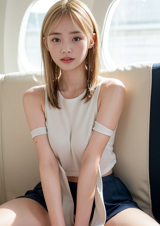 smile,((NSFW)),(highest quality:1.2), 8K, Raw photo, Beautiful sexual woman, ((Her underwear is visible between her legs:1.3)),detailed face and eyes,,whole body,(highest quality,masterpiece:1.3,ultra high resolution,)ultra-realistic capture,very detailed,High resolution 16K natural skin texture、,The pores are、、、、、、、Must be detailed enough to be easily identified。 Skin should look even-toned and healthy。 Use natural light and color, Cabin Attendant Uniform、navy blue mini skirt、white blouse、Undressing、clothes are wet、girl,Japanese,18-year-old,cute,blonde、Golden hair shortcut、hair is short cut、blondeボブ、big breasts,smile, (realistic hair: 1.2) (wet skin: 1.2), Face forward and spread your legs、spread legs、Lift your chest with your arms、Low - Angle,big breasts,sweaty, drenched, soaked, Inside the plane、plane