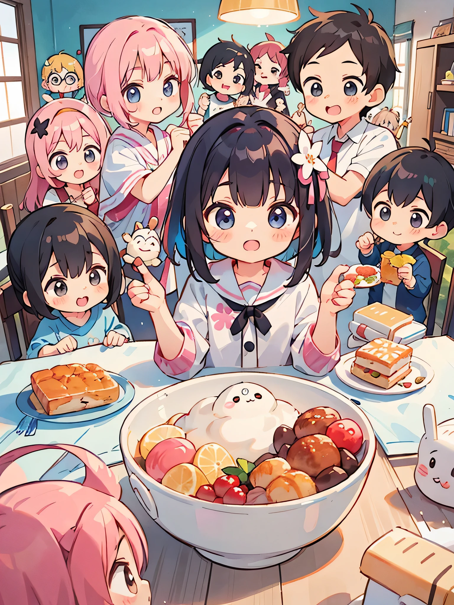 Momoko Sakura style, Kawaii Design, (((10 people)))、most beautiful girl ever、Chibi, Colorful bob hair、((Lots of friends))、children&#39;s room、Family lunch