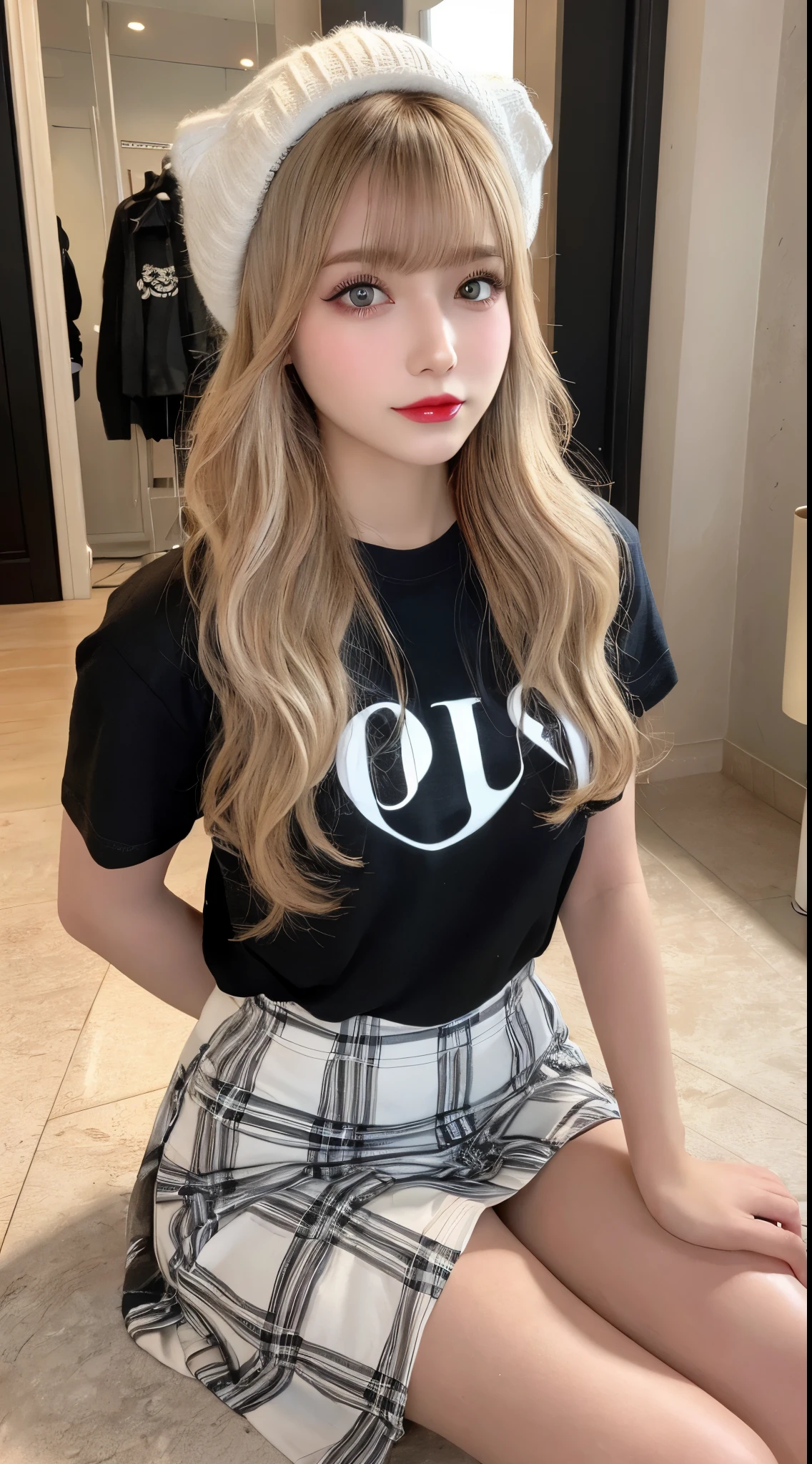 high quality、blond、plaid skirt、T-shirt blanc en Y、fille、mini jupe、couleur de cheveux brillante、tanned hair、sexy 、blond、High school student、Jambes fines、de beaux cils、high resolutionの顔、Dézoomer、20 ans、Angle de vue jusqu'aux genoux、best quality, Illustration, super detailed, Fine details, high resolution, Fond d'Dendé 8K screen, Beautiful detailed eyes, coiffures mignonnes au hasard, Seins bonnet C, Natural colored lips