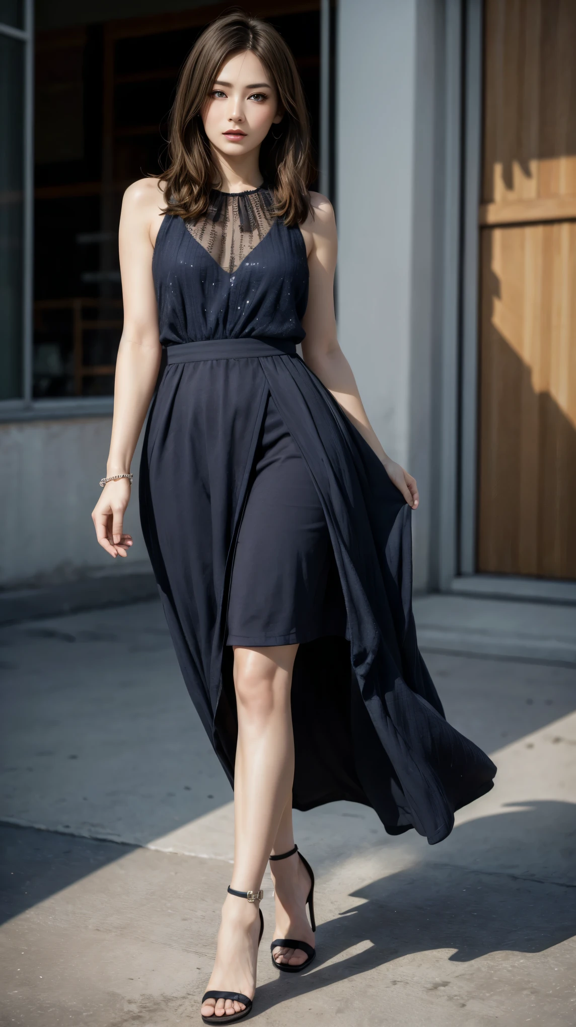 highest quality,masterpiece,ultra high resolution,(actual:1.4),original photo,ultra high resolution,8K,There is a woman,Fair skin、Light medium blue dress:1.5,high heels,long legs:1.5,Bright and beautiful,high waist,Flashy makeup with red eyeshadow,