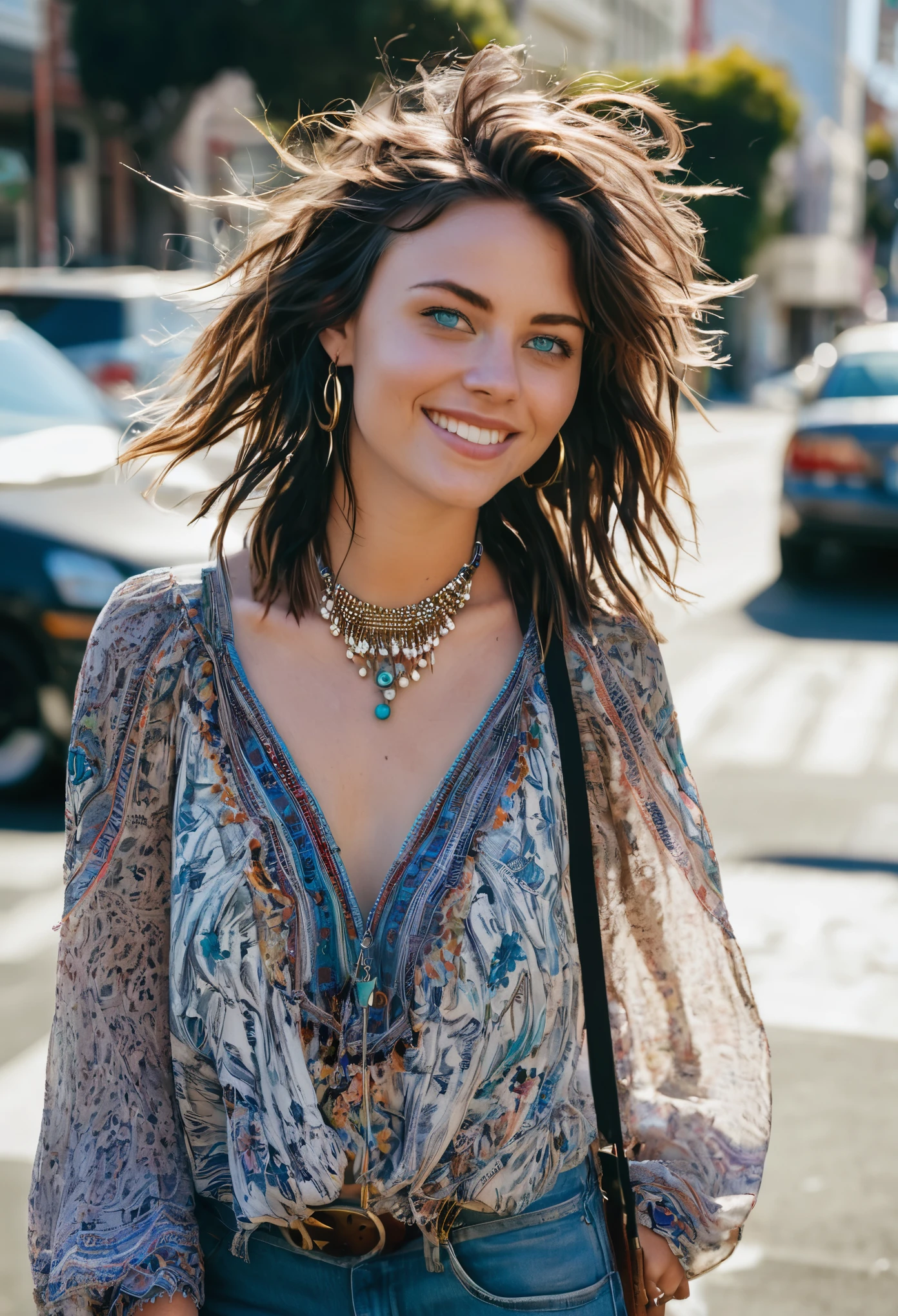 "Jordan, a young woman with short, tousled brunette hair and piercing blue eyes, stands confidently on a bustling street corner in San Francisco. She exudes an effortless coolness, wearing a flowy boho blouse paired with high-waisted skinny jeans and ankle boots. A fringe suede bag hangs casually from her shoulder, and layered beaded necklaces adorn her neck. With a carefree smile on her face, Jordan strikes a pose, one hand resting on her hip while the other hand runs through her hair.